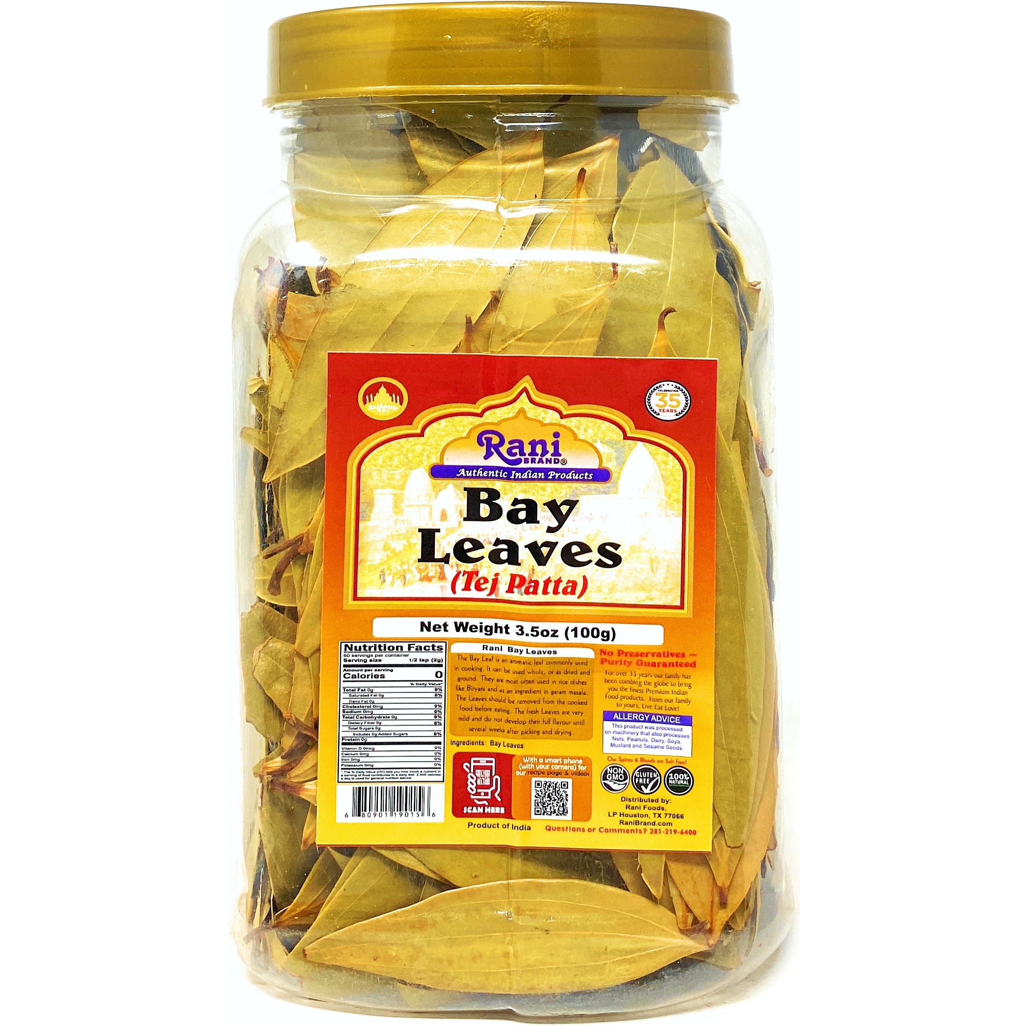 Rani Bay Leaf (Leaves) Whole Spice Hand Selected Extra Large 100g (3.5oz) PET Jar, All Natural ~ Gluten Friendly | NON-GMO | Vegan | Indian Origin (Tej Patta)