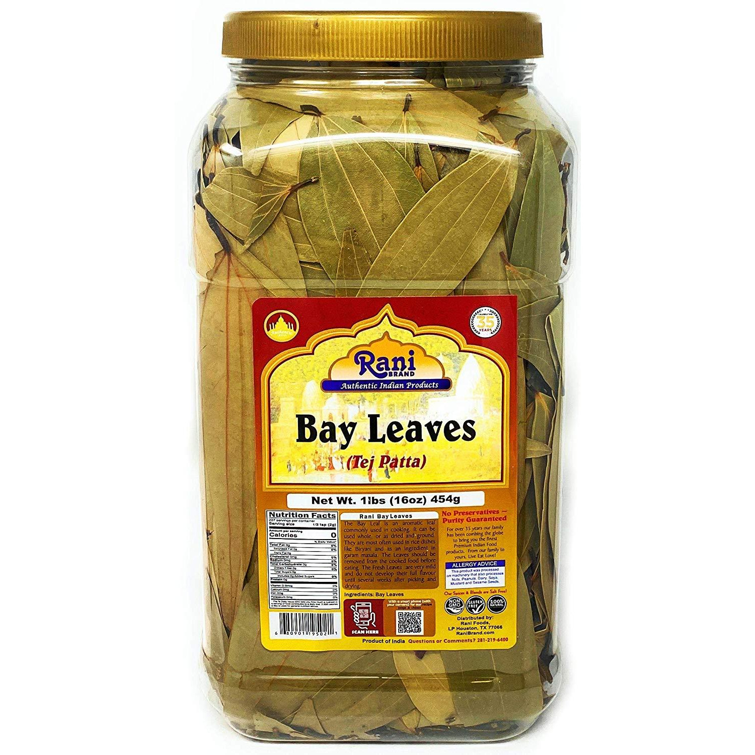 Rani Bay Whole Leaf (Leaves) Spice Hand Selected Extra Large 16oz (454g) 1lb Pet JAR Bulk Pack All Natural ~ Gluten Friendly | NON-GMO | Vegan | Indian Origin