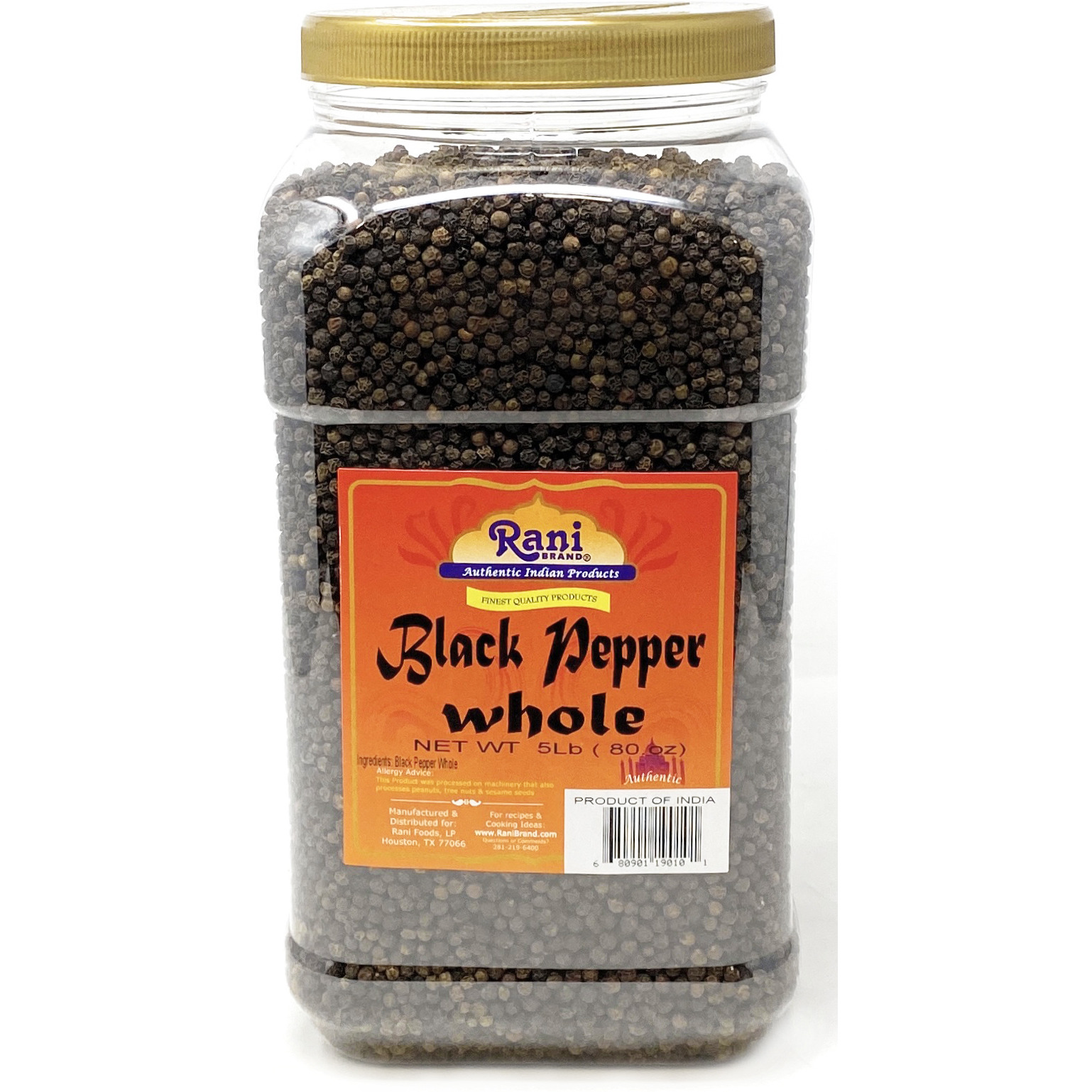 Rani Black Pepper Whole (Peppercorns) 5lbs (80oz) ~ PET Jar, Premium Indian MG-1 Grade ~ Gluten Friendly, Non-GMO, Natural Perfect size for Grinders