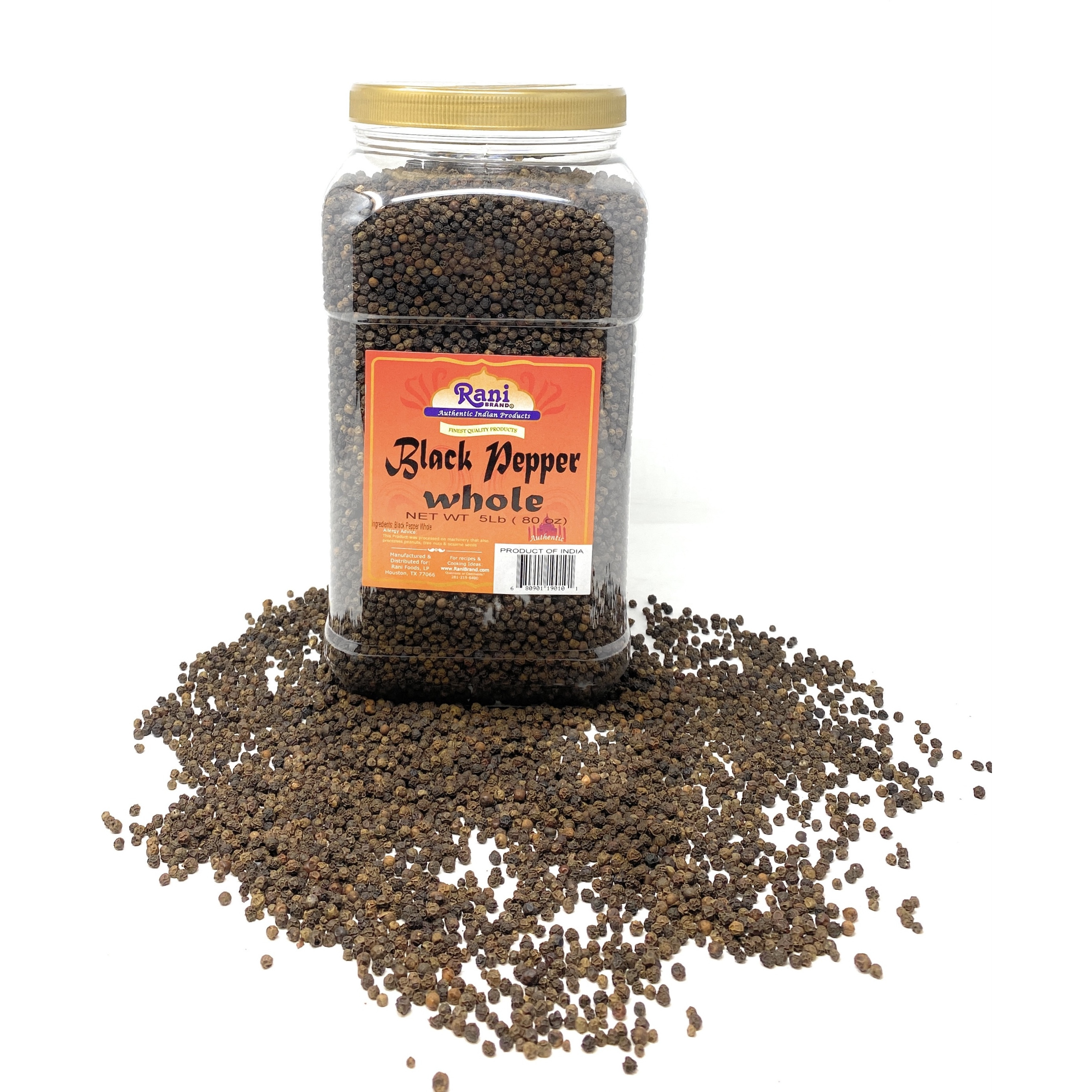 Rani Black Pepper Whole (Peppercorns) 5lbs (80oz) ~ PET Jar, Premium Indian MG-1 Grade ~ Gluten Friendly, Non-GMO, Natural Perfect size for Grinders