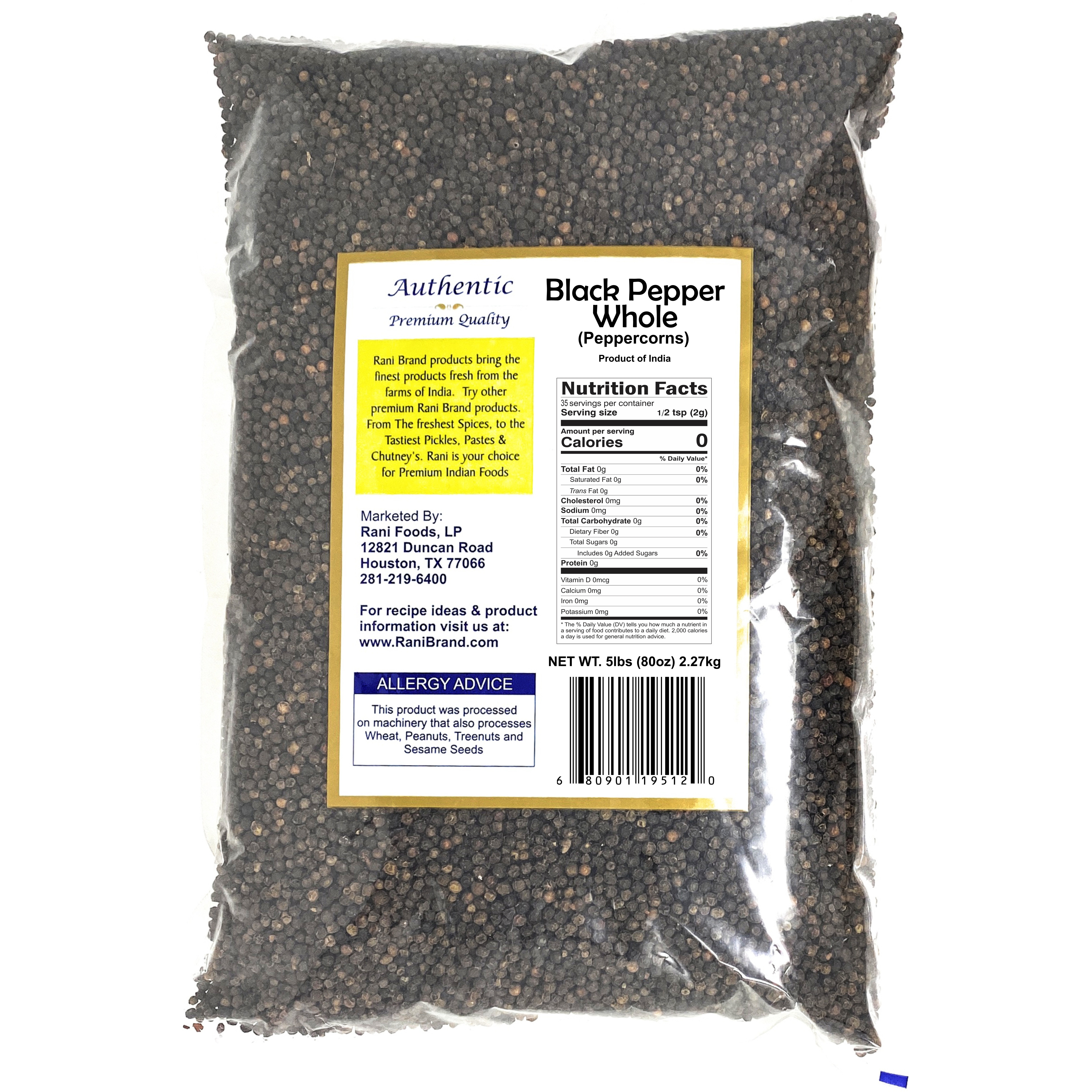 Rani Black Pepper Whole (Peppercorns) 5lbs (80oz) Bulk Bag, Premium Indian MG-1 Grade ~ Gluten Friendly, Non-GMO, Natural Perfect size for Grinders!