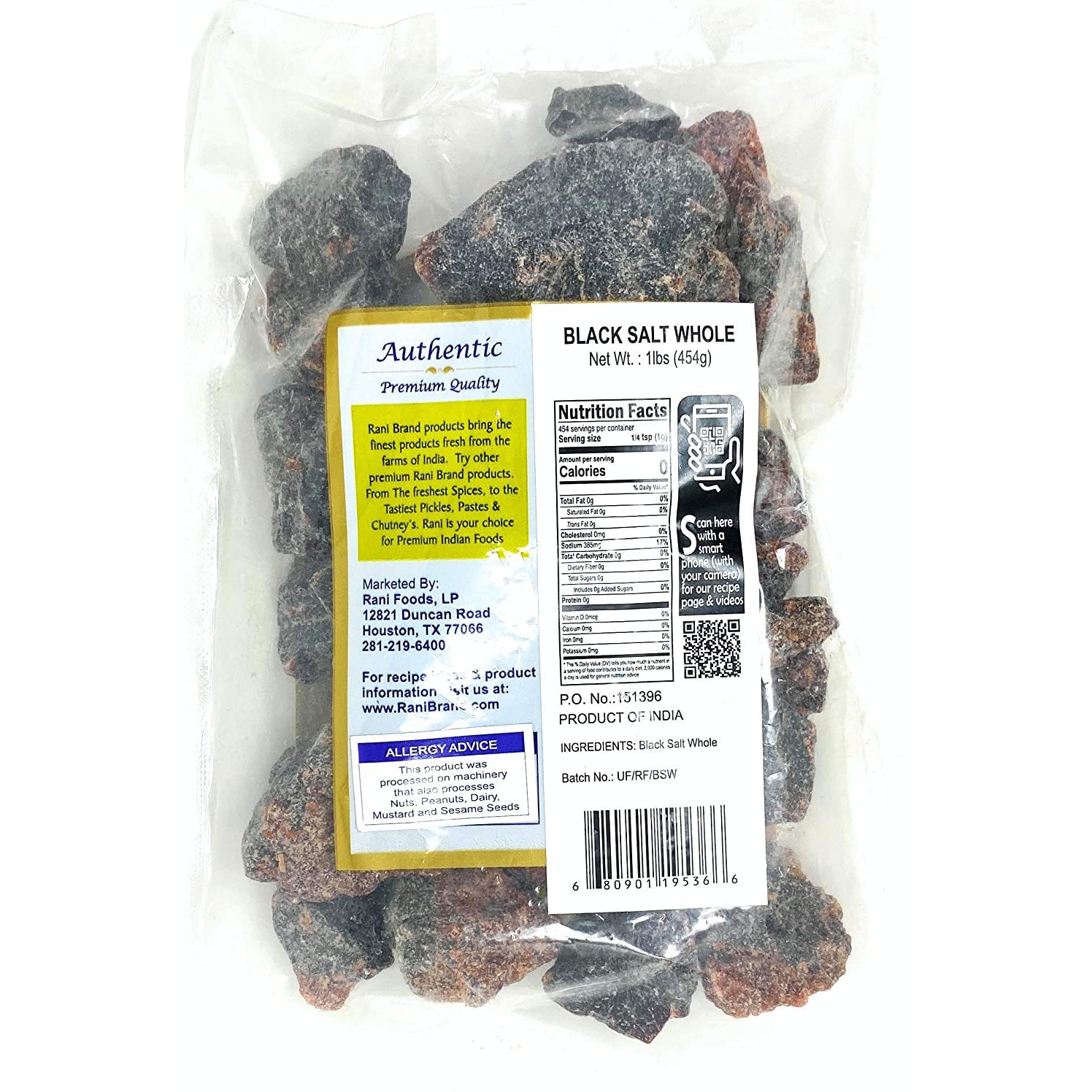 Rani Black Salt Raw Whole (Kala Namak) Vegan 1lb (454g) Unrefined, Pure and Natural | Gluten Friendly | NON-GMO | Indian Origin