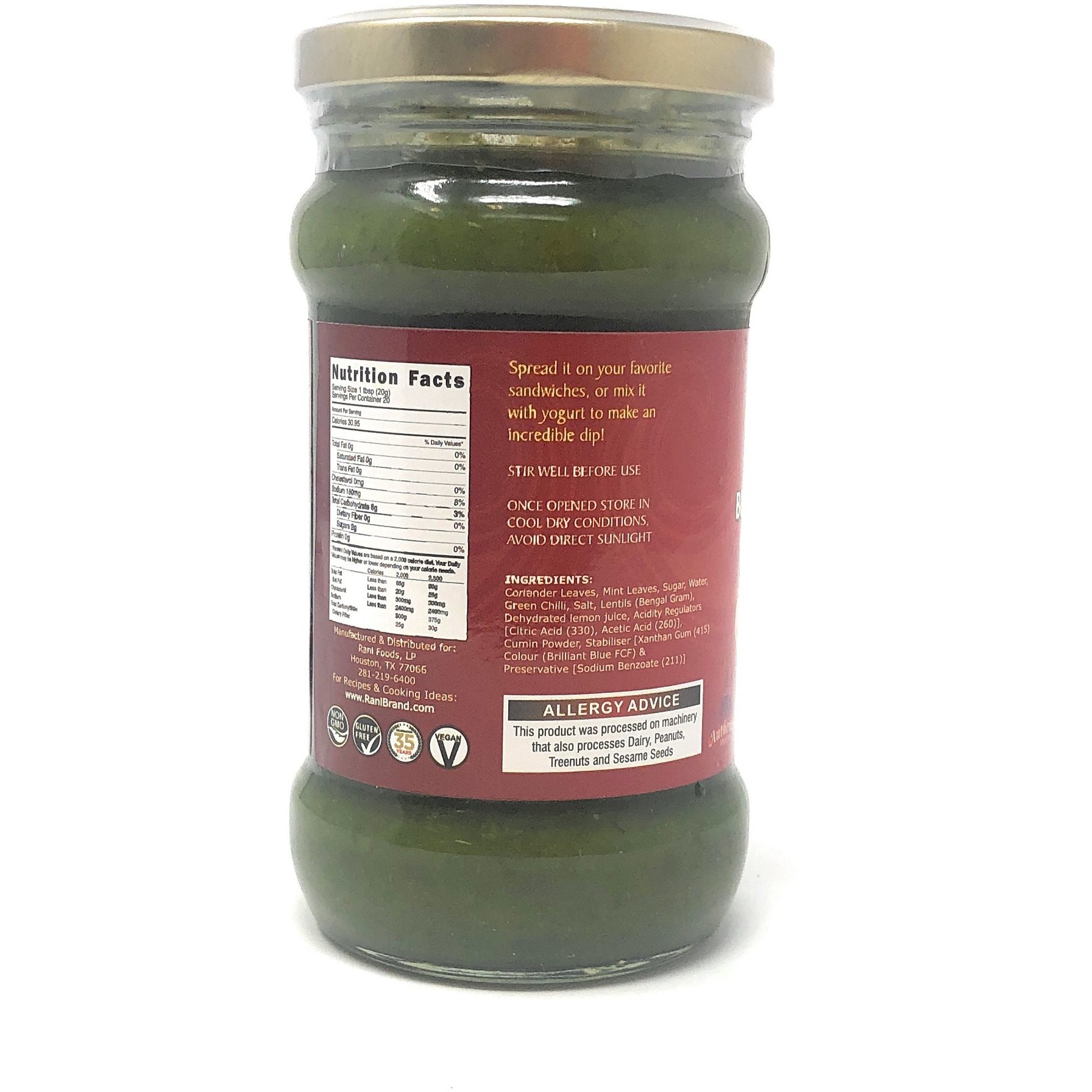 Rani Bombay Sandwich Spread, Mild (Mint & Coriander), Glass Jar, Ready to eat 10.5oz (300g) Vegan ~ Gluten Free | NON-GMO | Indian Origin