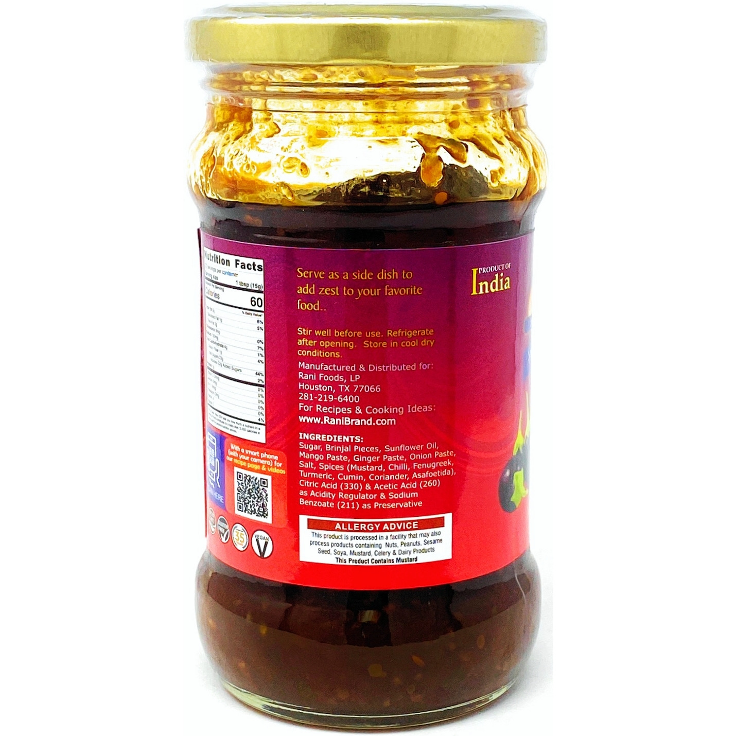 Rani Brinjal (Eggplant) Pickle Mild (Achar, Spicy Indian Relish) 10.5oz (300g) ~ Glass Jar, All Natural | Vegan | Gluten Free | NON-GMO | No Colors | Popular Indian Condiment, Indian Origin