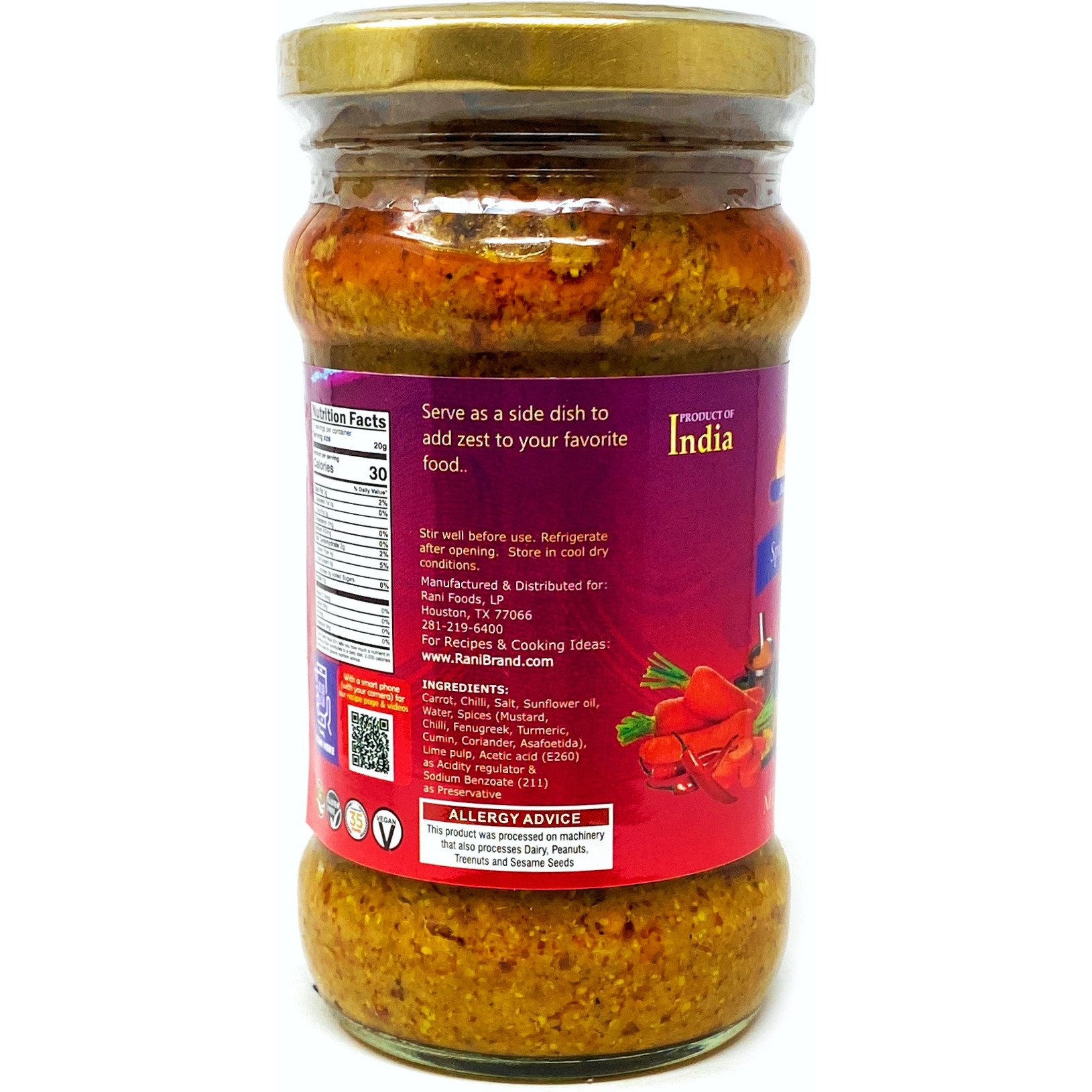 Rani Carrot & Chilli Pickle (Achar, Spicy Indian Relish) 10.5oz (300g) ~ Glass Jar, All Natural | Vegan | Gluten Free | NON-GMO | No Colors | Popular Indian Condiment, Indian Origin