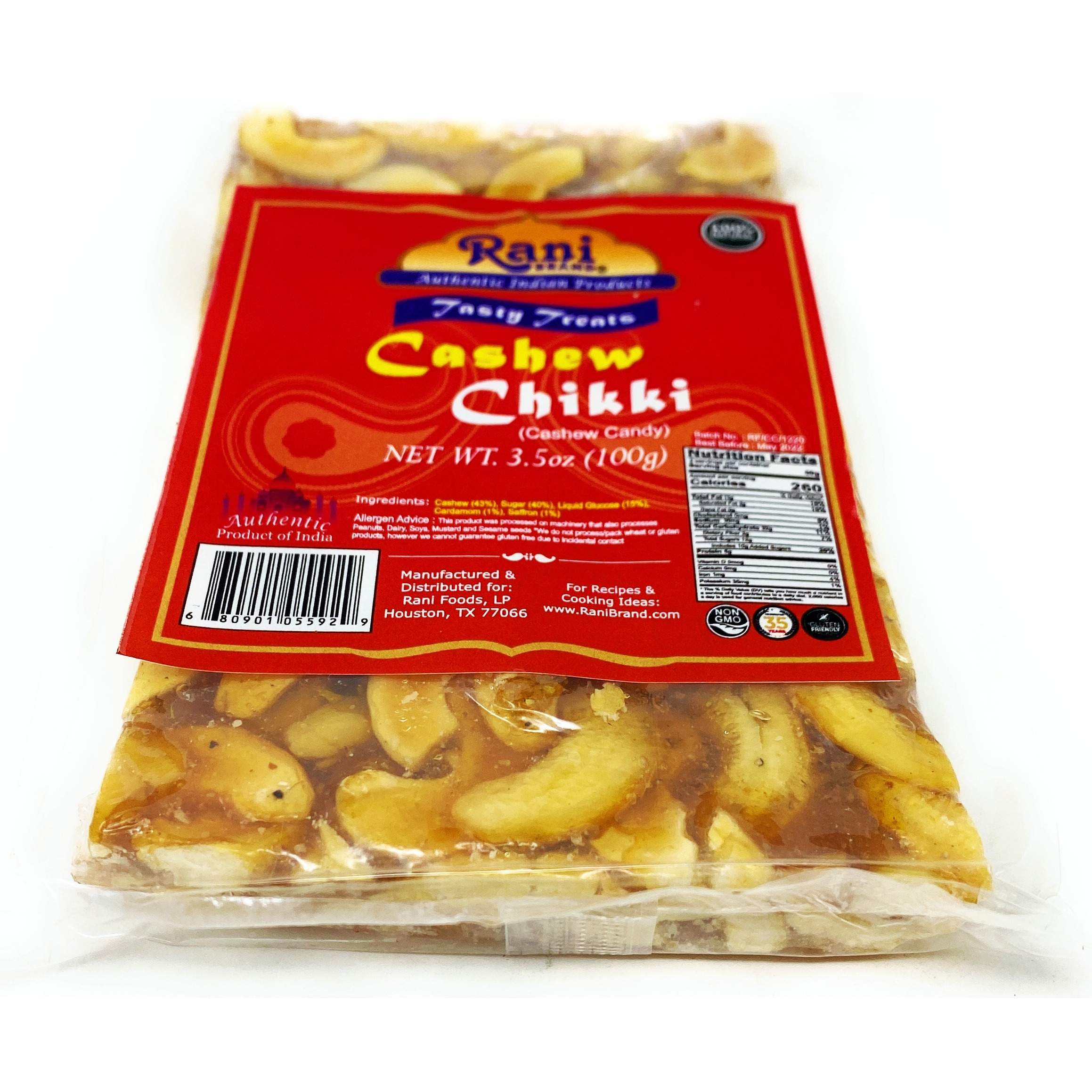 Rani Cashew Chikki (Brittle Candy) 3.5oz (100g) x Pack of 20 ~ All Natural | Vegan | No colors | Gluten Friendly | Indian Origin