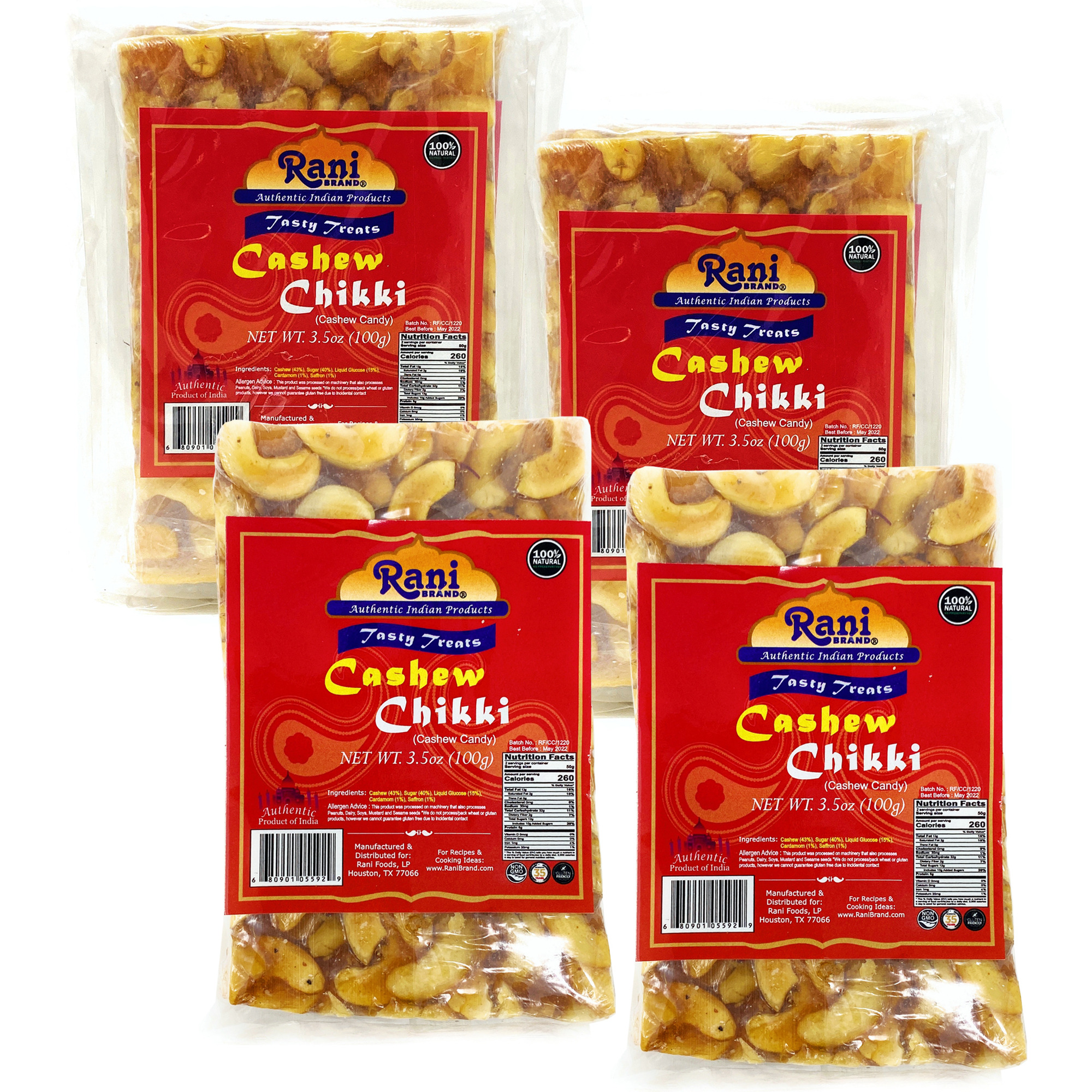 Rani Cashew Chikki (Brittle Candy) 3.5oz (100g) x Pack of 4 ~ All Natural | Vegan | No colors | Gluten Friendly | Indian Origin