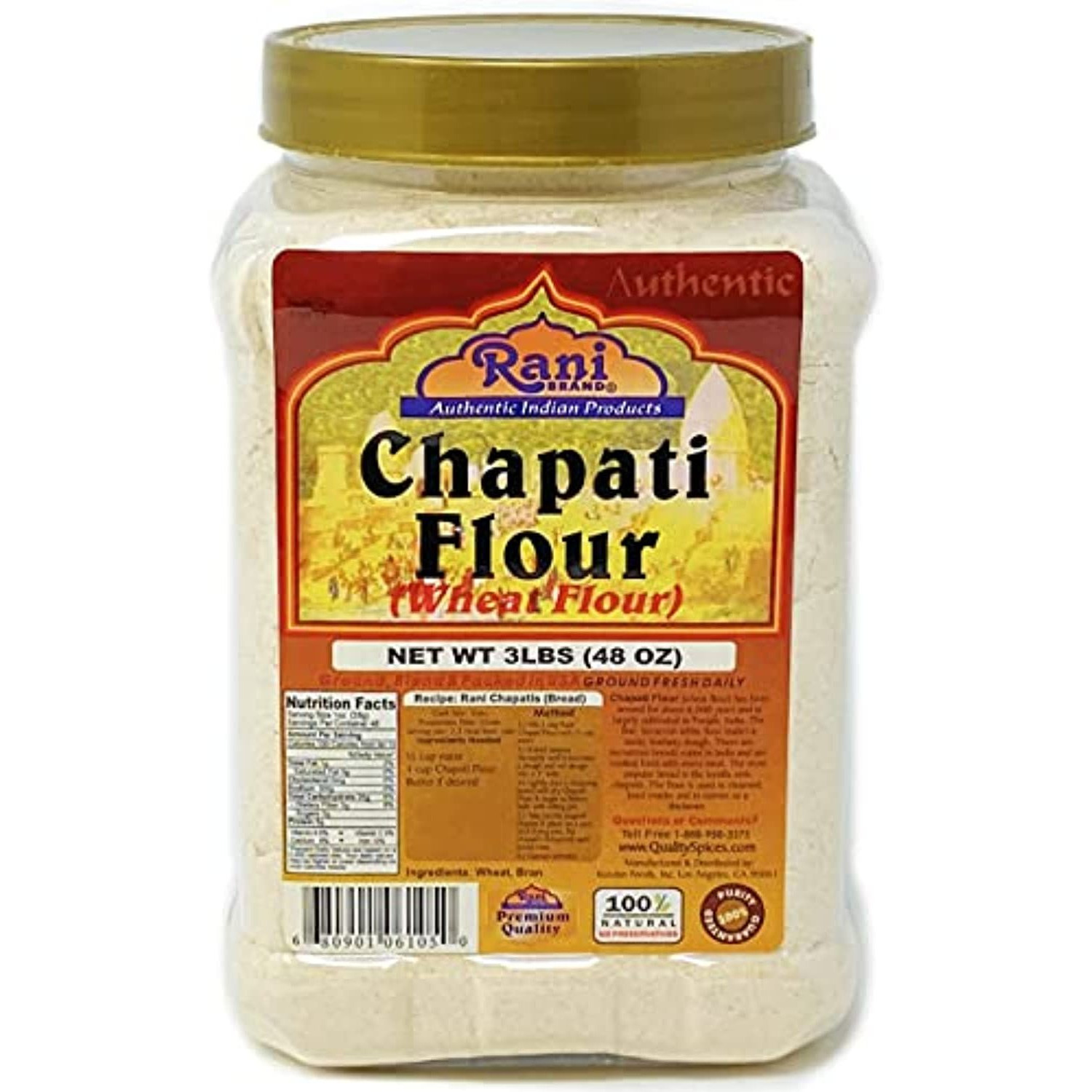 Rani Chapati Flour (100% Pure) 3lbs (48oz) for making roti & Indian breads ~ PET Jar, All Natural | Vegan | No Salt or Colors | NON-GMO | Indian Origin