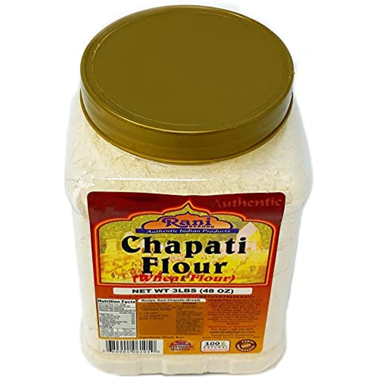 Rani Chapati Flour (100% Pure) 3lbs (48oz) for making roti & Indian breads ~ PET Jar, All Natural | Vegan | No Salt or Colors | NON-GMO | Indian Origin