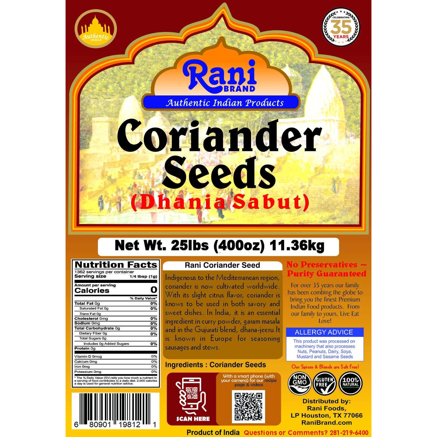 Rani Coriander (Dhania) Seeds Whole, Indian Spice 25 Pounds (400 Ounce) 11.36kg ~ Bulk Box ~ All Natural ~ Gluten Friendly | NON-GMO | Vegan | Indian Origin
