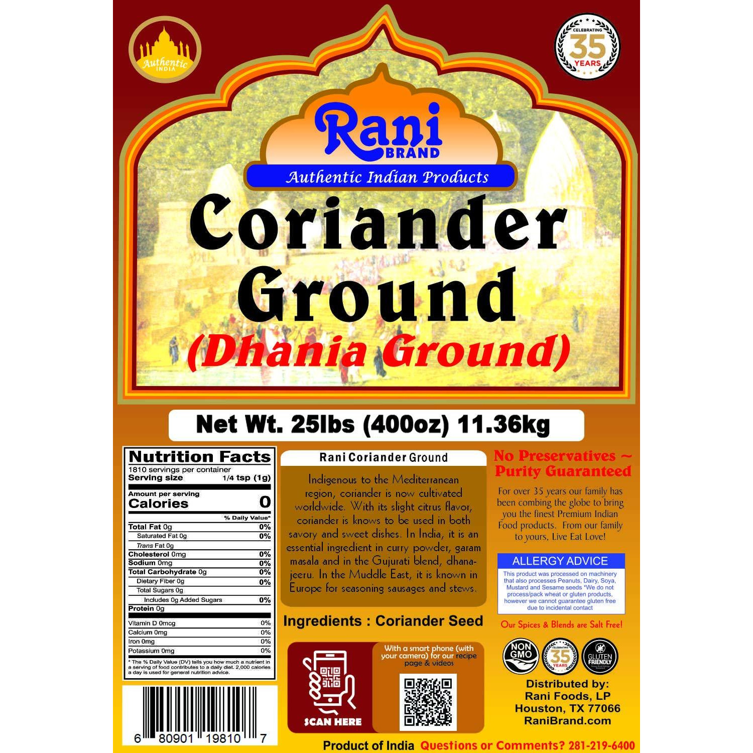 Rani Coriander Ground Powder (Indian Dhania) Spice 25-Pound (400 Ounce) 11.36kg ~ Bulk Box ~ All Natural, Salt-Free | Vegan | No Colors | Gluten Friendly | NON-GMO | Indian Origin
