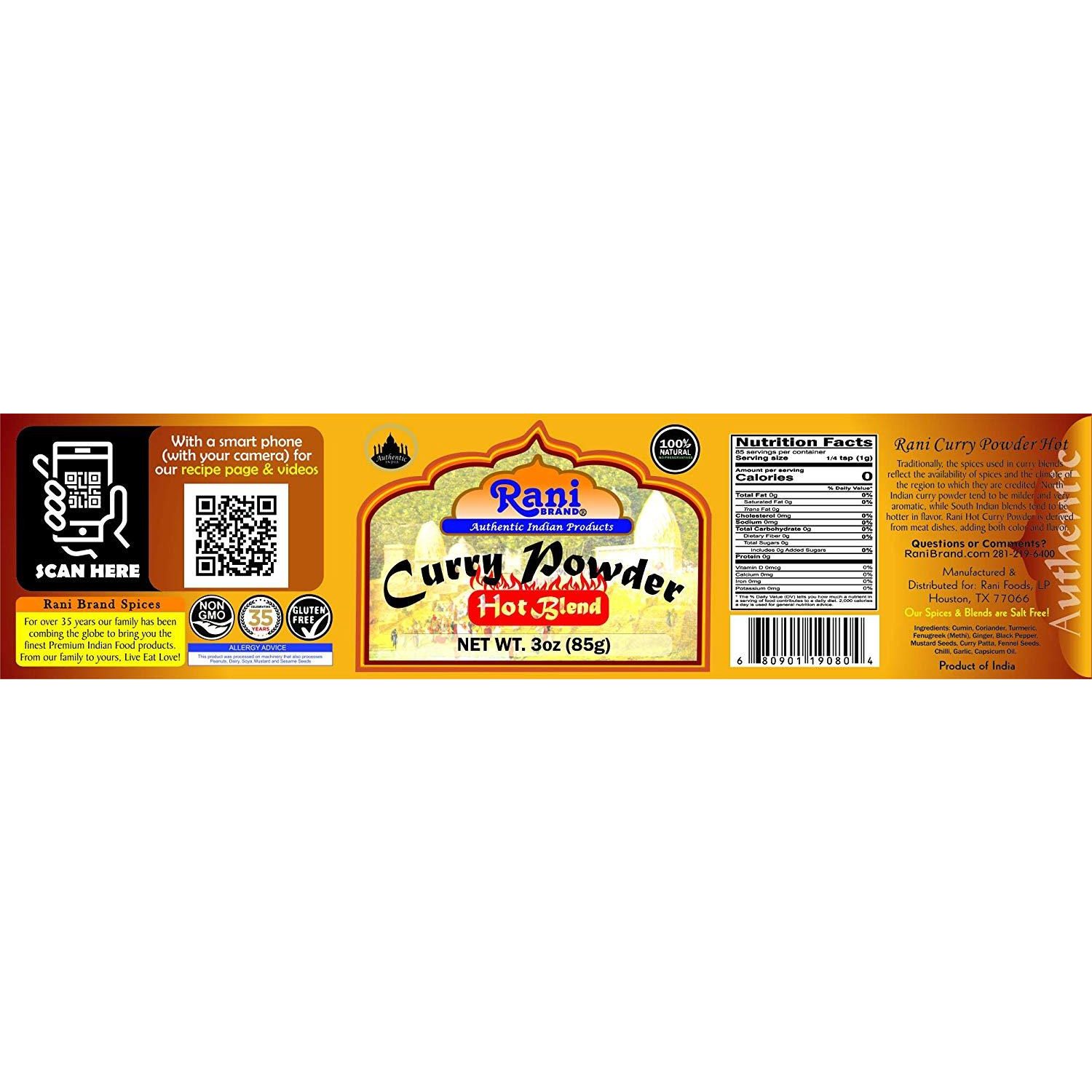 Rani Curry Powder Hot Natural 11-Spice Blend 85g (3oz) ~ Salt Free | Vegan | Gluten Free Ingredients | NON-GMO