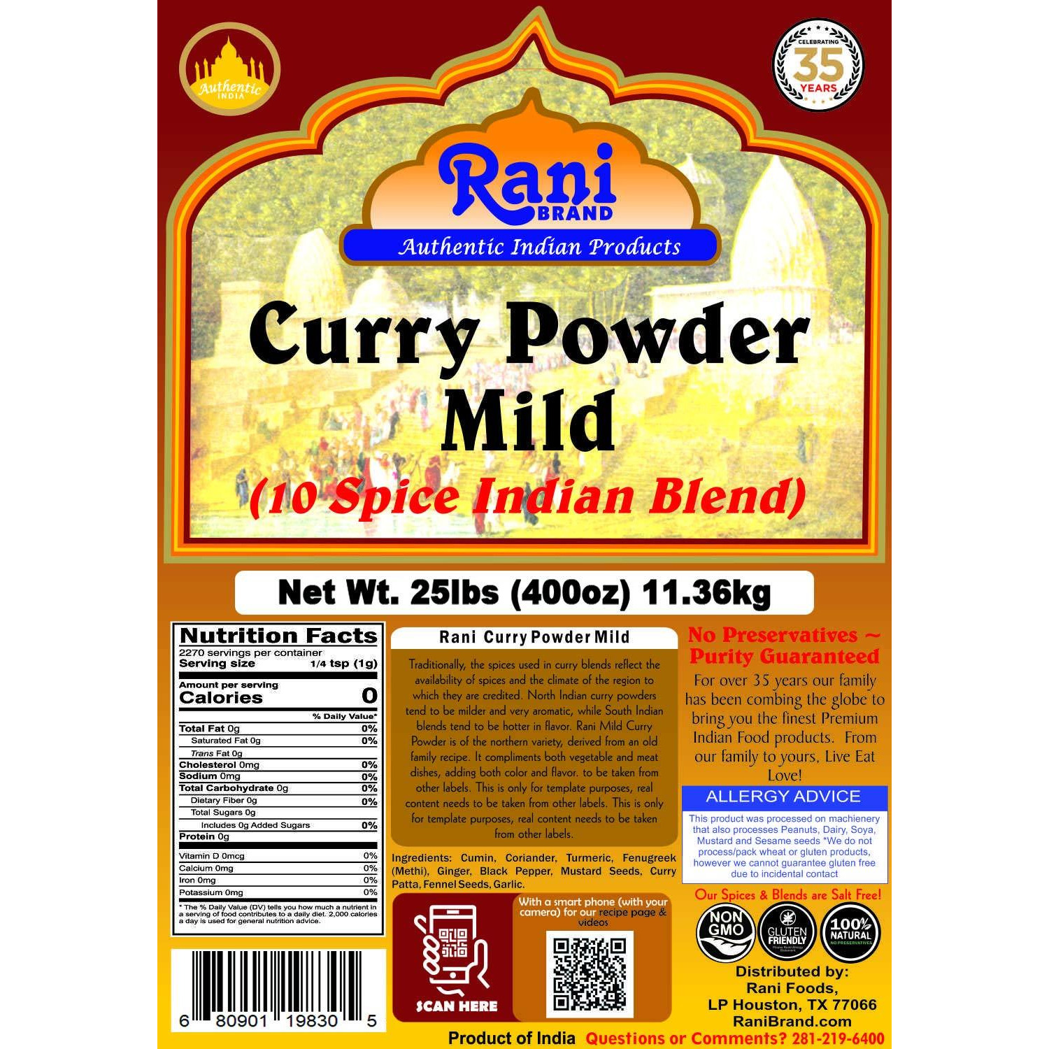 Rani Curry Powder Mild Natural 10-Spice Blend 25 Pound (400 Ounce) 11.36kg ~ Bulk Box ~ Salt Free | Vegan | No Colors | Gluten Friendly | NON-GMO | NO Chili or Peppers