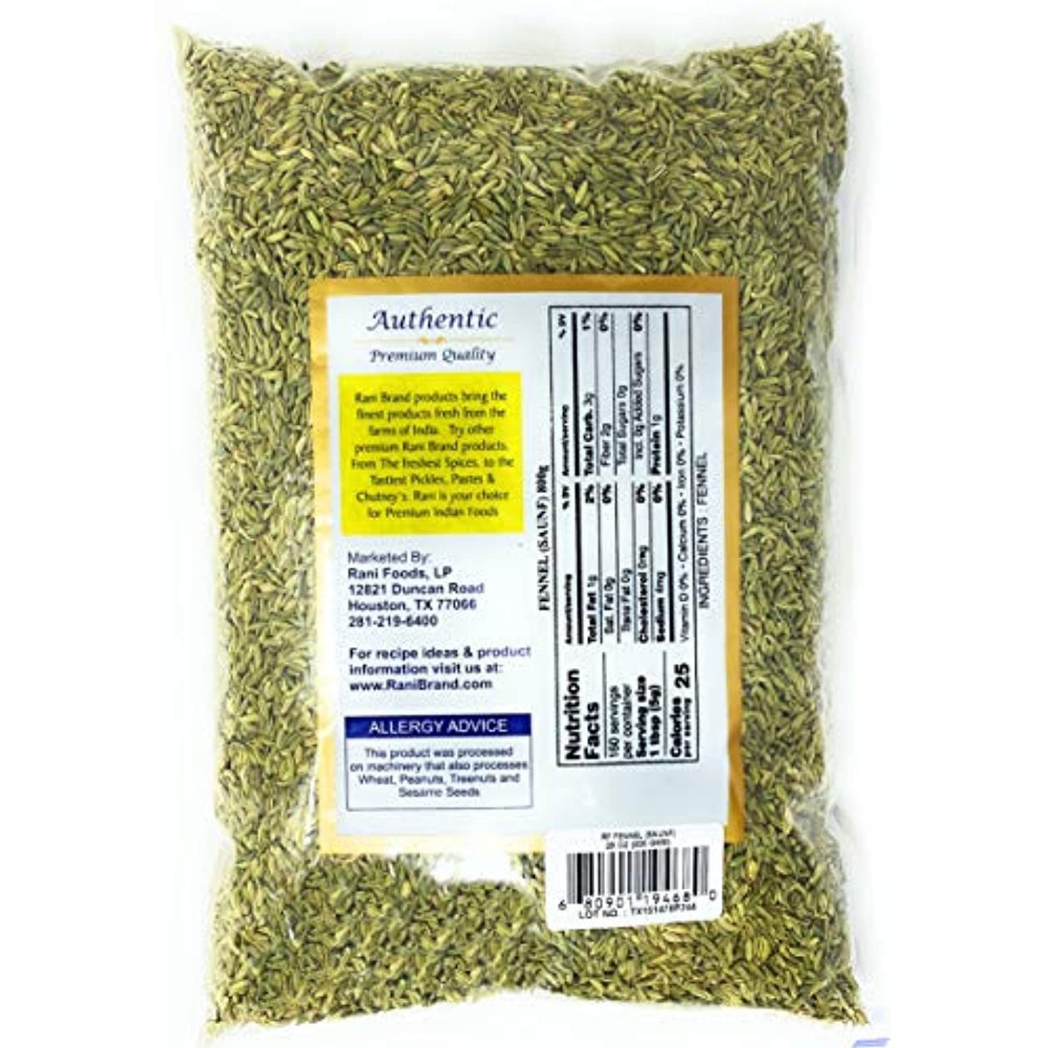 Rani Fennel Seeds (Saunf Sabut) Whole Spice 28oz (800g) All Natural ~ Gluten Friendly | NON-GMO | Vegan | Indian Origin