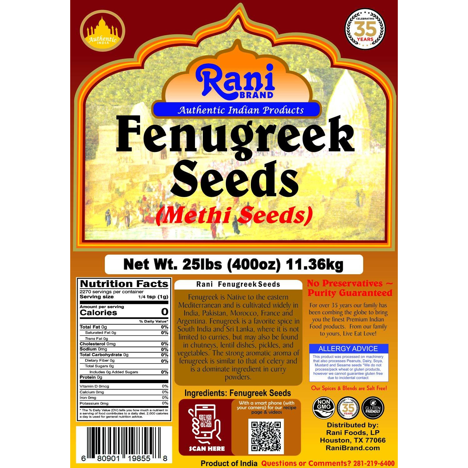 Rani Fenugreek (Methi) Seeds Whole, 25 Pound (400 Ounce) 11.36kg ~ Bulk Box ~ Trigonella foenum graecum~ All Natural | Vegan | Gluten Friendly | Non-GMO | Indian Origin, used in cooking & Ayurvedic spice