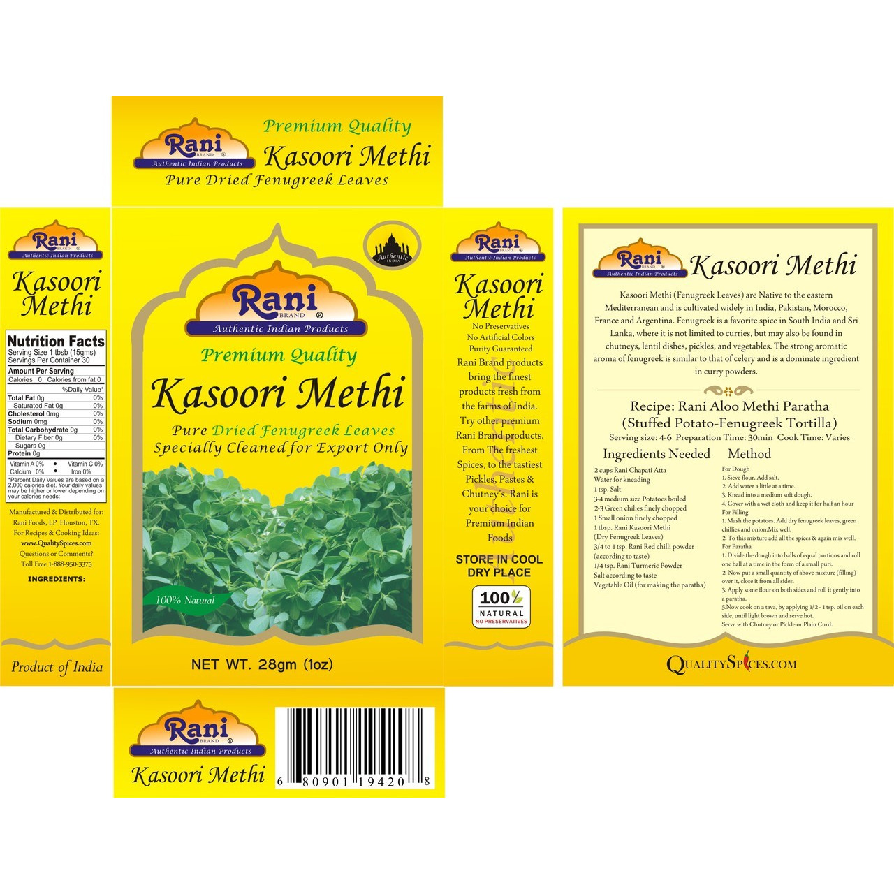 Rani Fenugreek Leaves Dried, All Natural (Kasoori Methi) 28g (1oz) ~ Gluten Free Ingredients | NON-GMO ~ Vegan