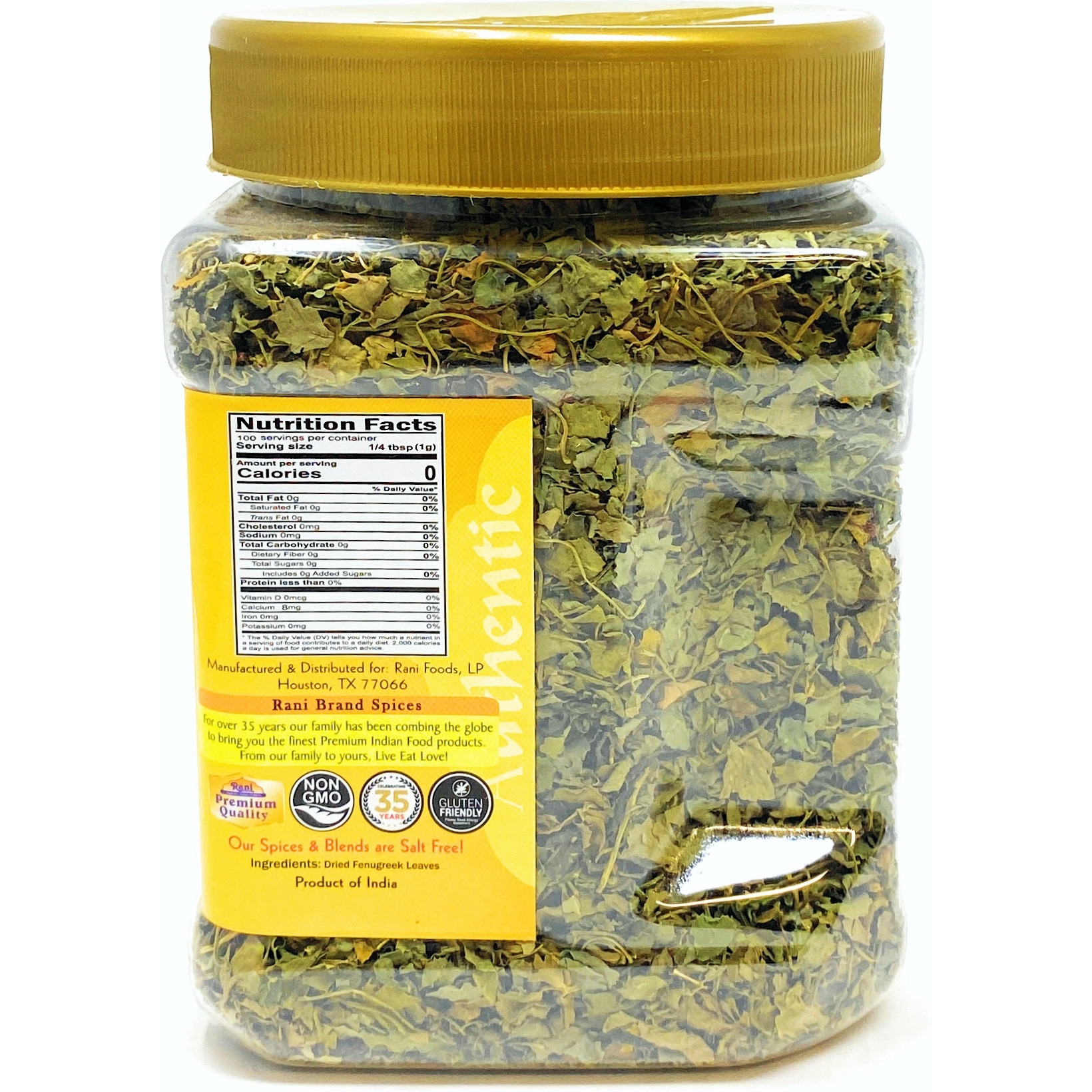 Rani Fenugreek Leaves Dried, All Natural (Kasoori Methi) 3.5oz (100g) PET Jar ~ All Natural | Gluten Friendly | Non-GMO | Vegan
