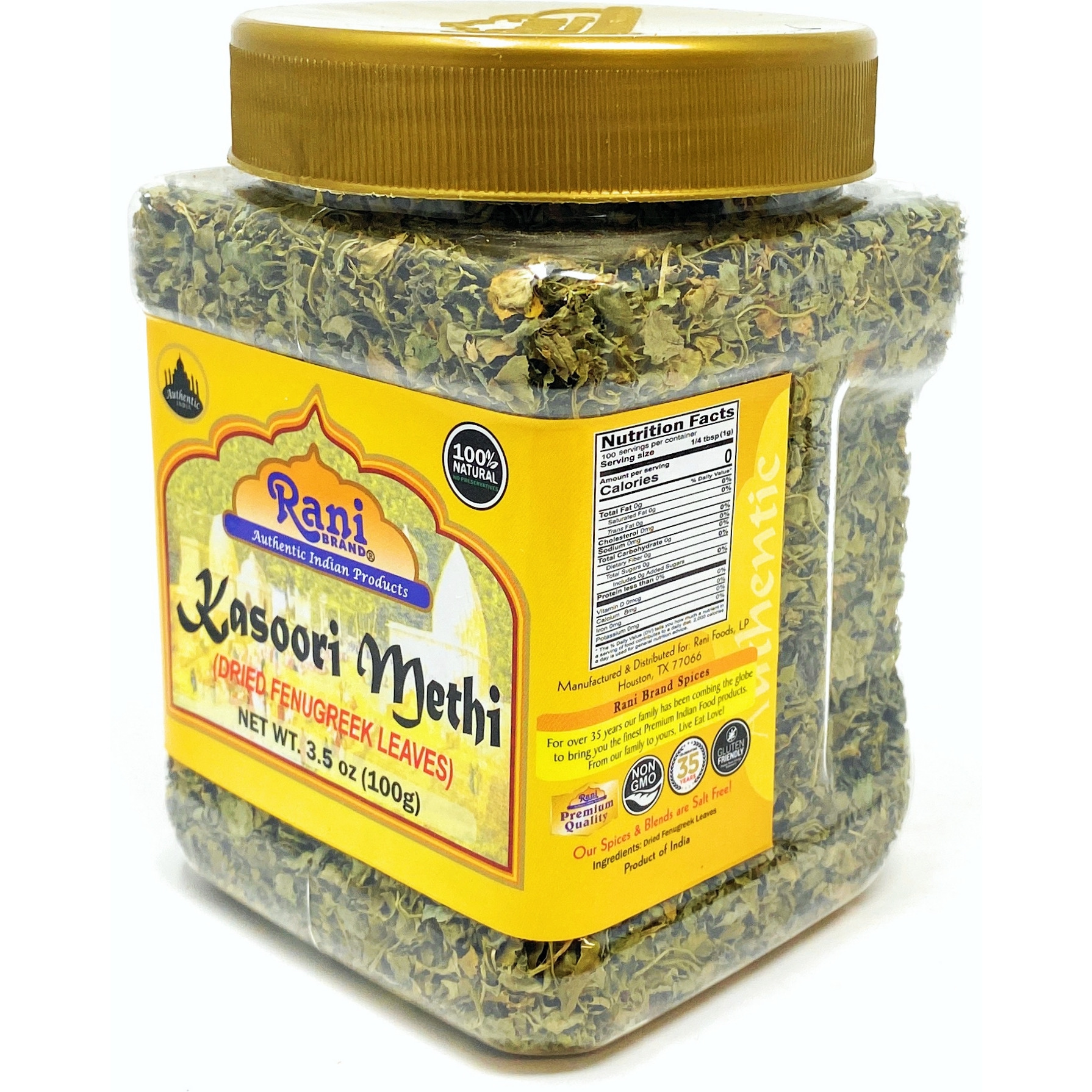 Rani Fenugreek Leaves Dried, All Natural (Kasoori Methi) 3.5oz (100g) PET Jar ~ All Natural | Gluten Friendly | Non-GMO | Vegan