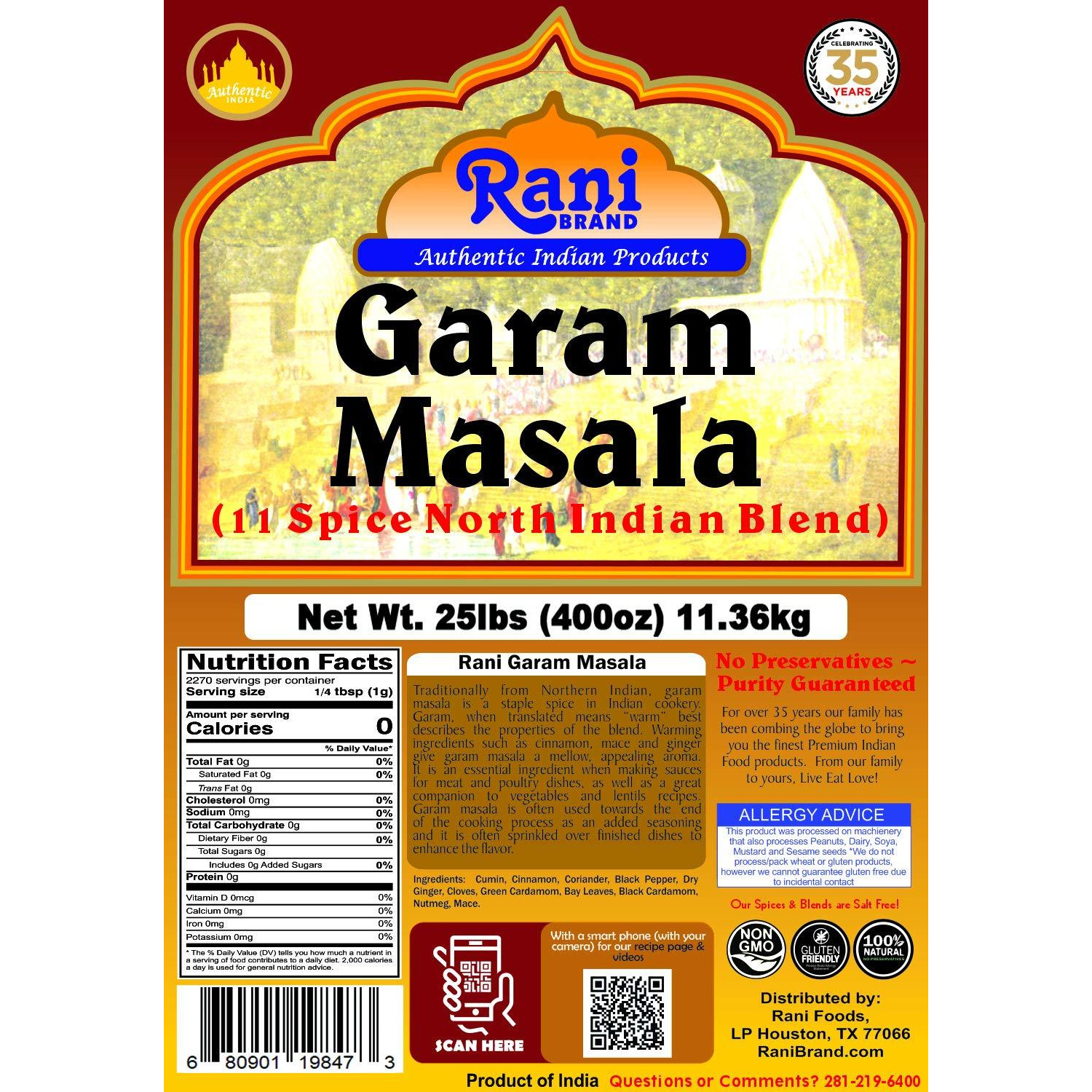 Rani Garam Masala Indian 11 Spice Blend 25 Pound (400 Ounce) 11.36kg ~ Bulk Box, Salt Free ~ All Natural | Vegan | Gluten Free Ingredients | NON-GMO | No Colors | Indian Origin