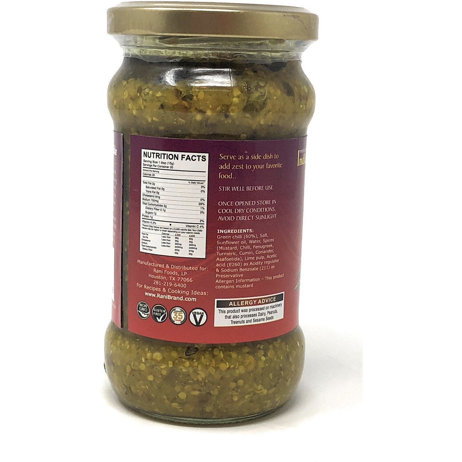 Rani Green Chilli Pickle Hot (Achar, Spicy Indian Relish) 10.5oz (300g) ~ Glass Jar, All Natural | Vegan | Gluten Free | NON-GMO | No Colors | Popular Indian Condiment, Indian Origin