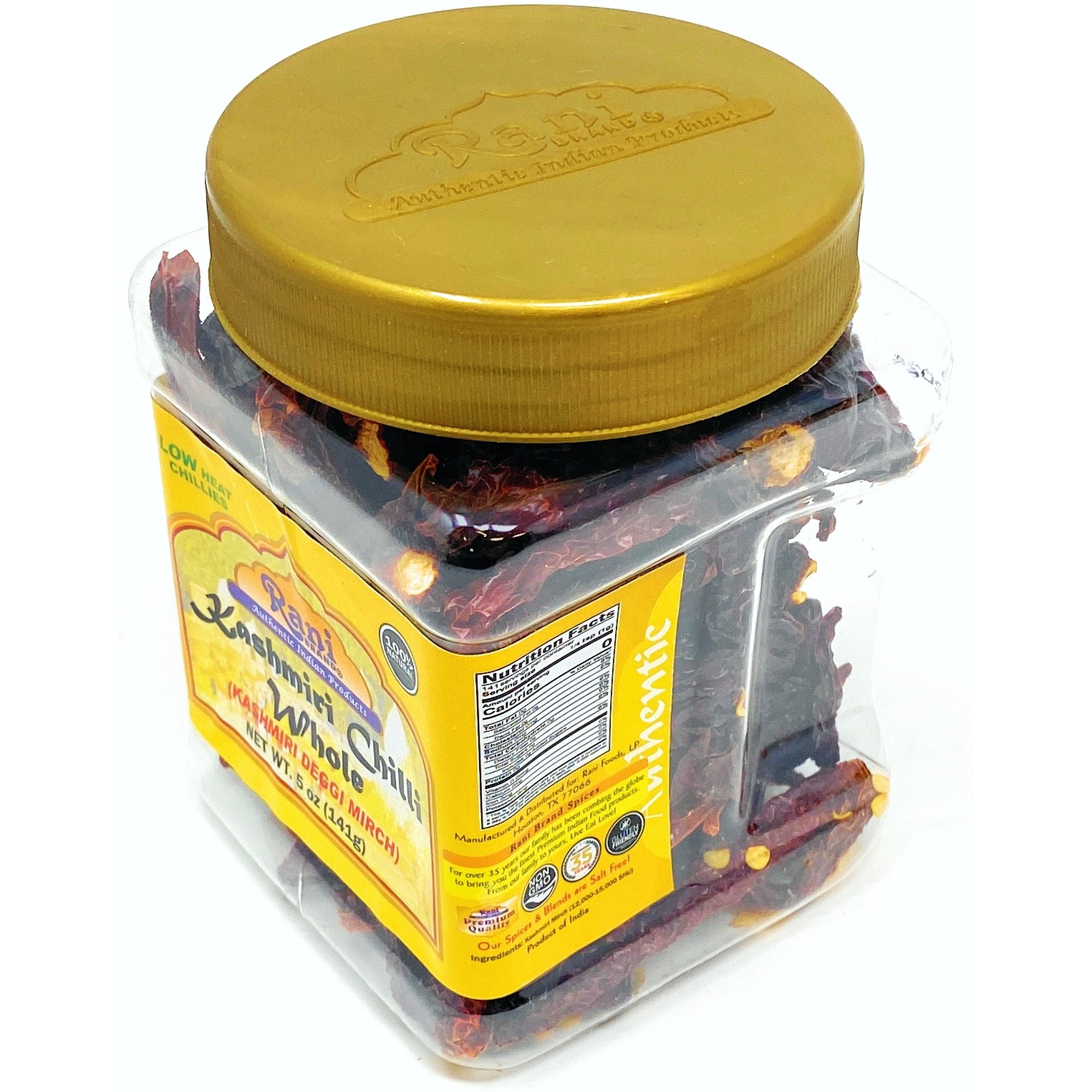 Rani Kashmiri Chilli (Deggi Mirch, Low Heat) Whole Indian Spice 5oz (141g) PET Jar ~ All Natural, Salt-Free | Vegan | No Colors | Gluten Friendly | NON-GMO | Indian Origin