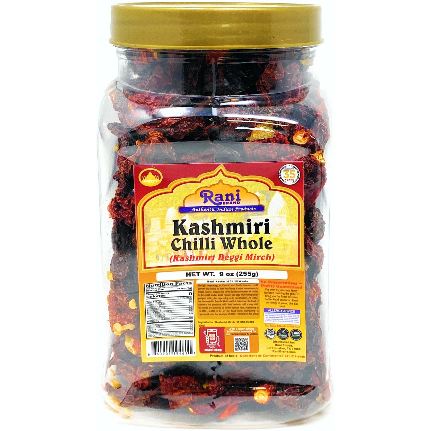 Rani Kashmiri Chilli (Deggi Mirch, Low Heat) Whole Indian Spice 9oz (255g) PET Jar ~ All Natural, Salt-Free | Vegan | No Colors | Gluten Friendly | NON-GMO | Indian Origin