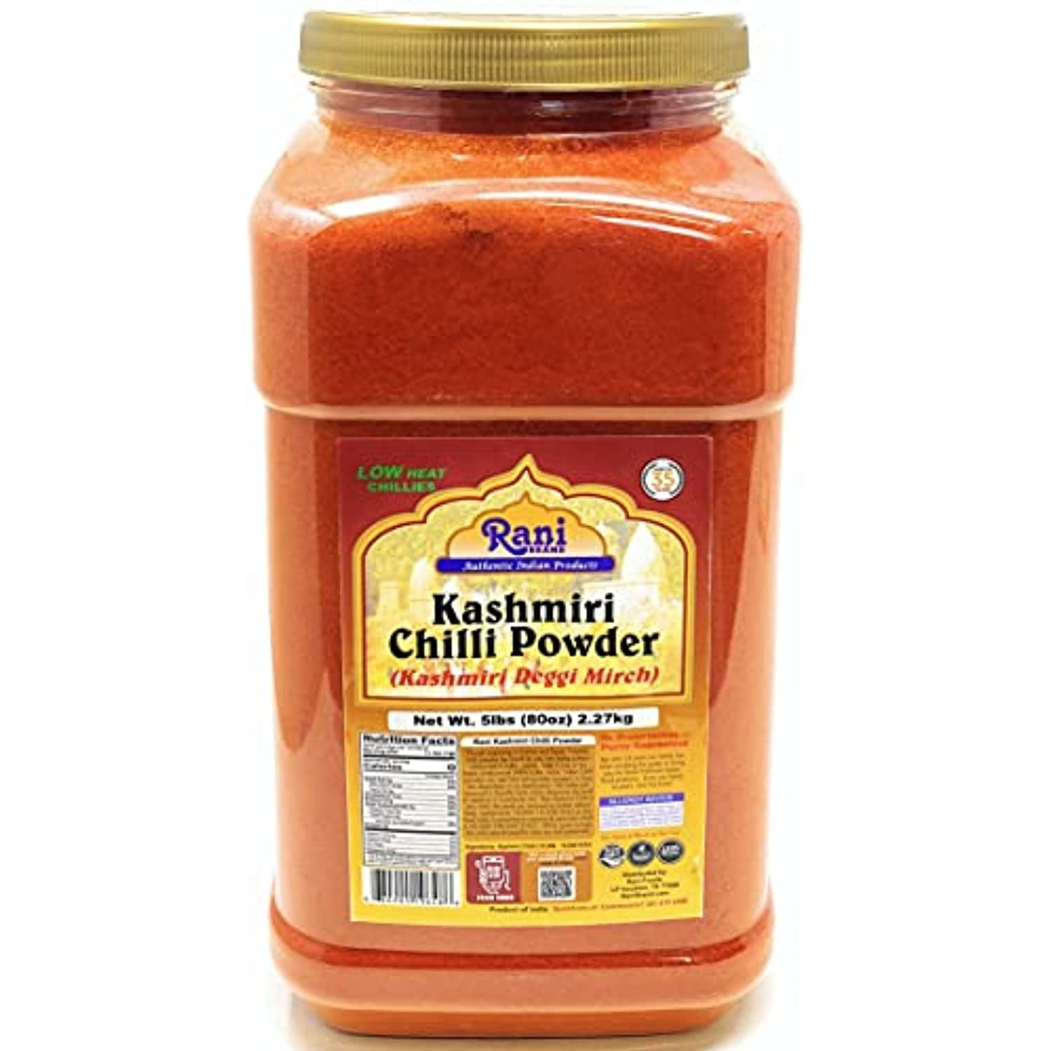 Rani Kashmiri Chilli Powder (Deggi Mirch, Low Heat) Ground Indian Spice 80oz (5lbs) 2.27kg PET Jar ~ All Natural | Salt-Free | Vegan | No Colors | Gluten Friendly | NON-GMO | Indian Origin