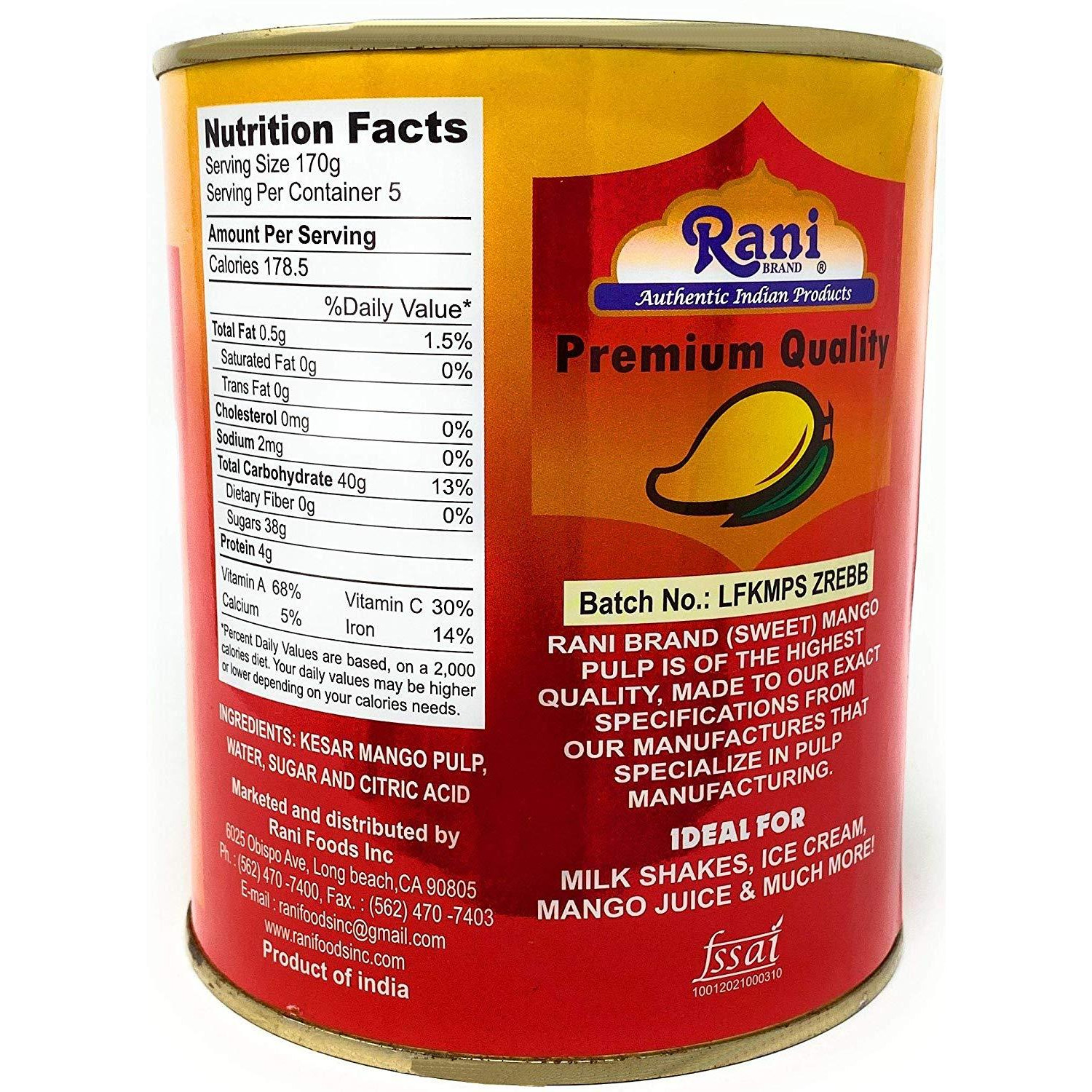 Rani Mango Pulp Puree (Makes Mango Lassi Shakes) Kesar Sweetened 30oz (1.875lbs) 850g ~ All Natural | NON-GMO | Vegan | No colors | Gluten Free Ingredients | Indian Origin