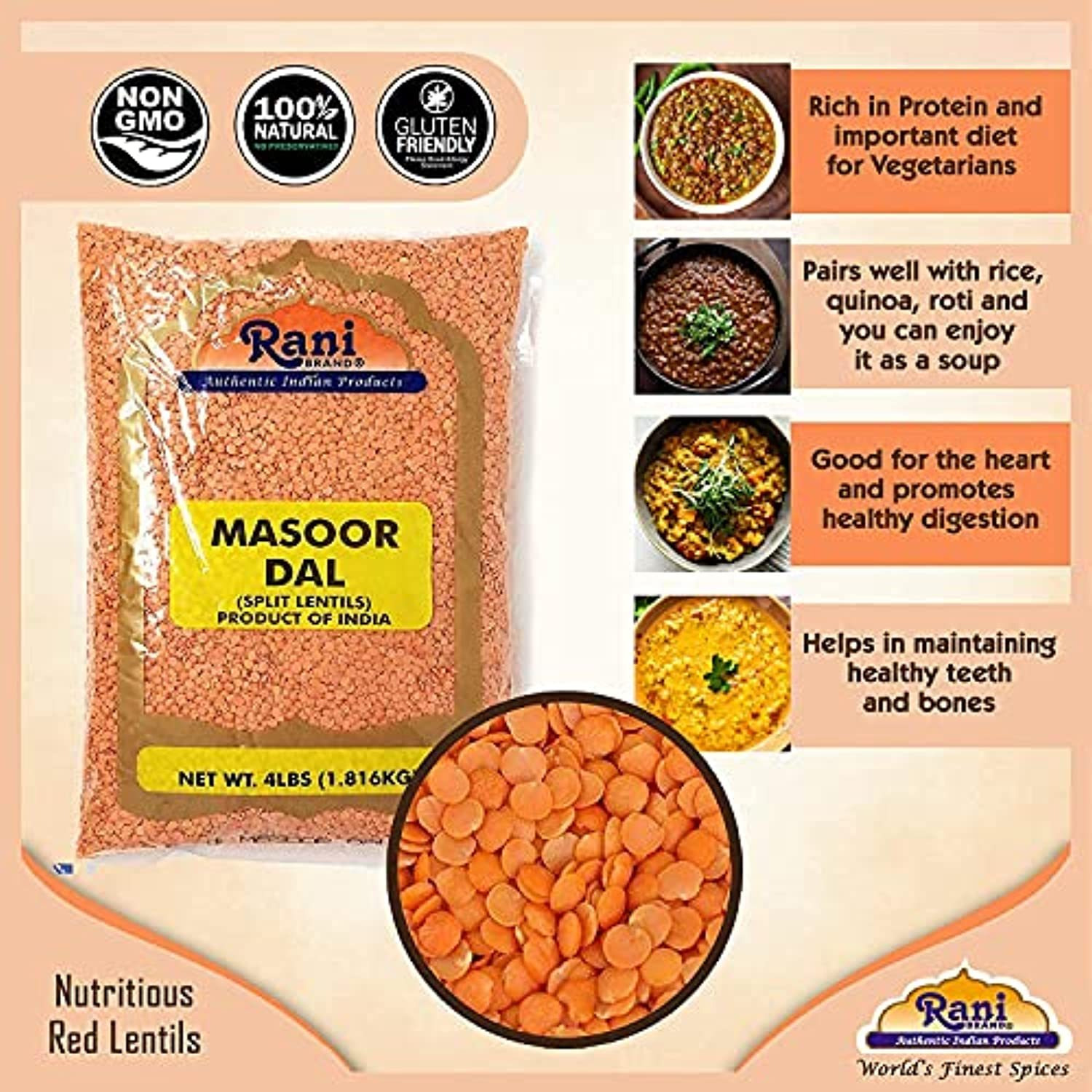 Rani Masoor Dal (Indian Red Lentils) Split Gram 8lb (128oz) Pack of 5 (Total 40lbs) Bulk ~ All Natural | Gluten Friendly | NON-GMO | Vegan | Indian Origin