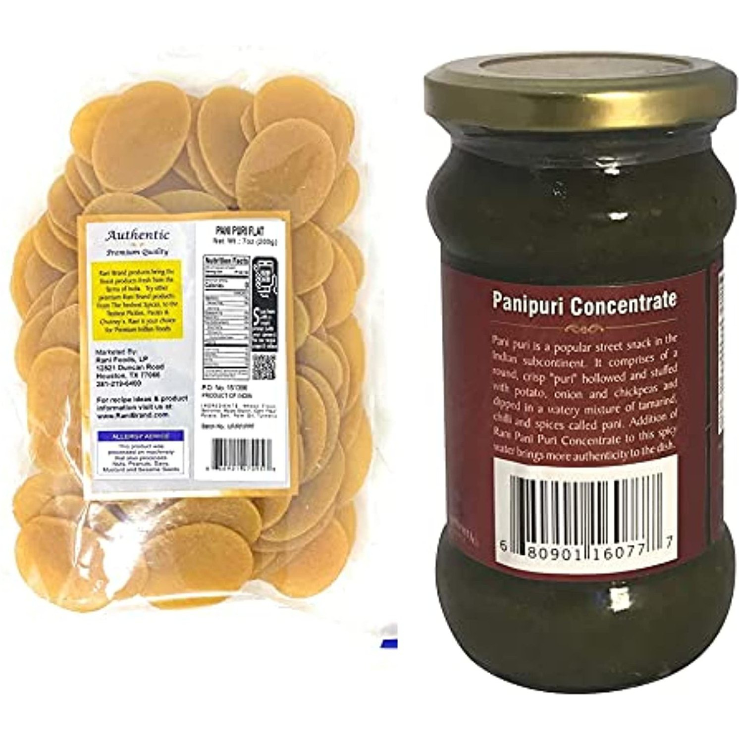 Rani Pani Puri Coins (Uncooked, Microwaveable wheat and Semolina Coins) 7oz (200g) with Pani Puri Concentrate (Sweet & Spicy to make Pani Water / Spicy Water) 10.5oz (300g) ~ All Natural | Vegan | NON-GMO