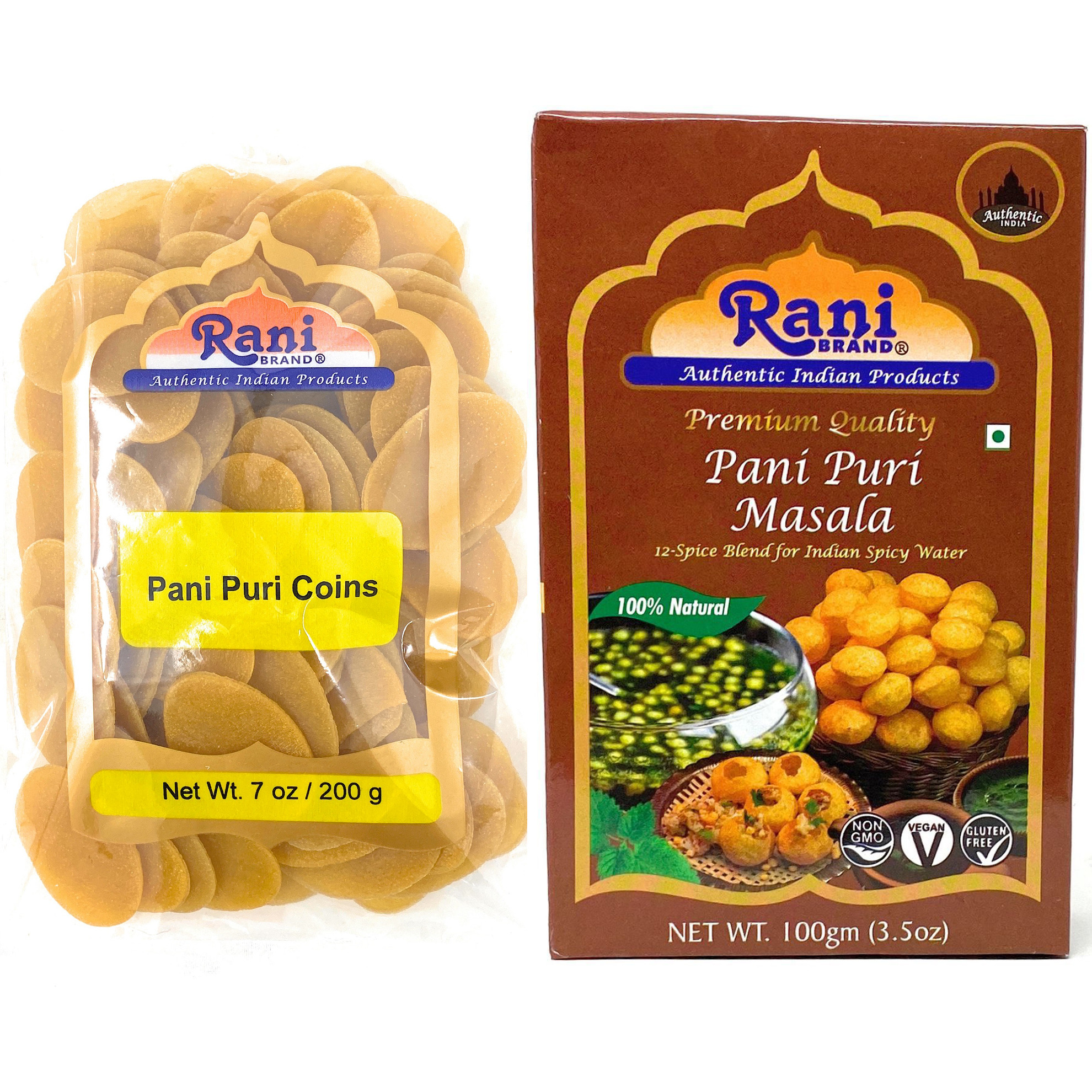 Rani Pani Puri Coins 7oz (200g) (Indian Water Balls) with Pani Puri Masala 3.5oz (100g) (14-Spice Blend for Indian Spicy Water) ~ All Natural | Vegan | NON-GMO