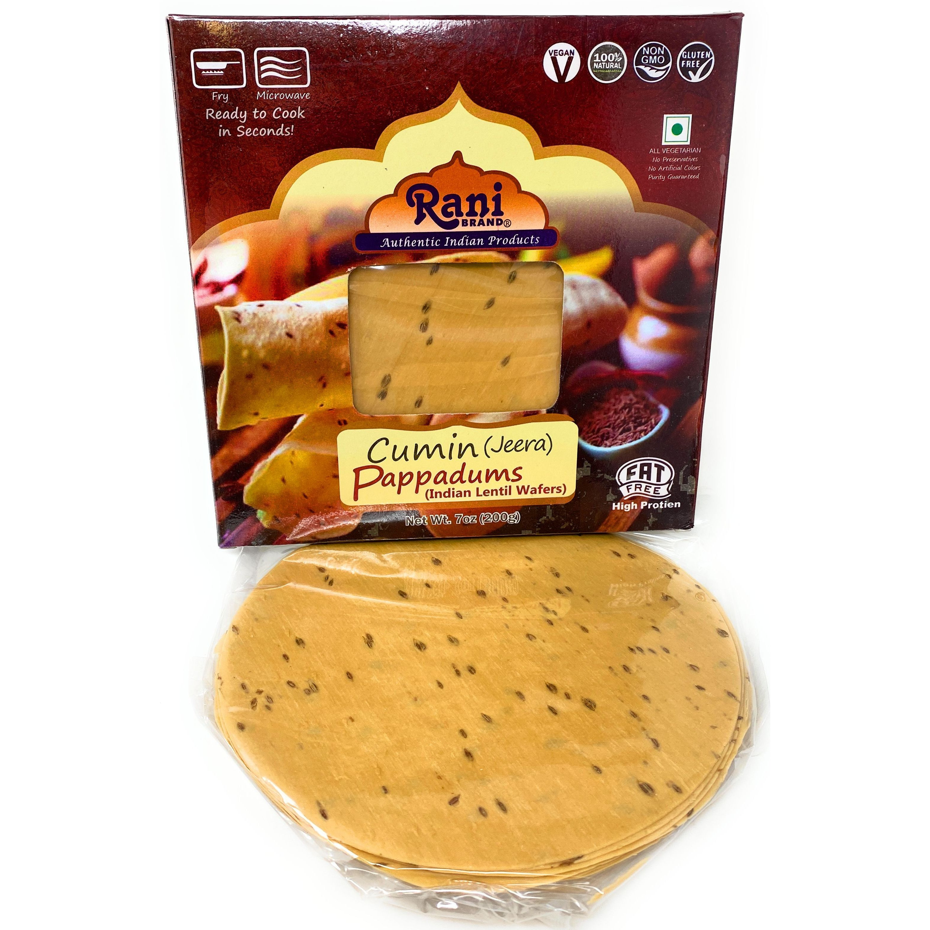 Rani Pappadums (Indian Lentil Wafer Snack) Jeera (Cumin) 7 ounce (200g) Approximately 15pc, 7 inches ~ All Natural, Gluten Friendly | NON-GMO | Vegan | Indian Origin