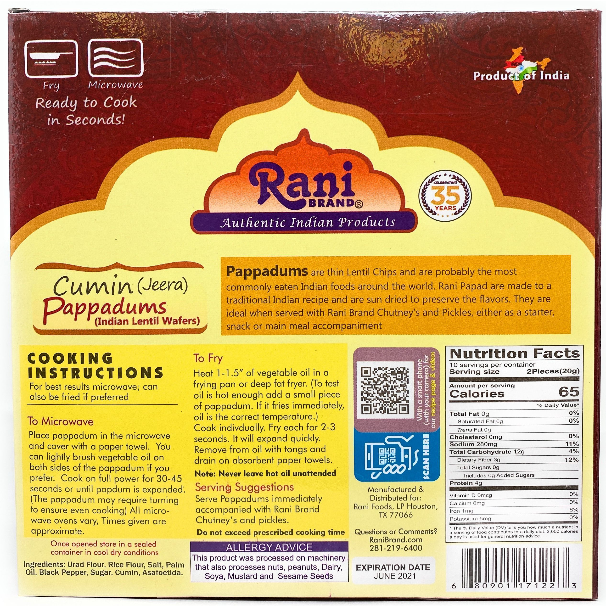 Rani Pappadums (Indian Lentil Wafer Snack) Jeera (Cumin) 7 ounce (200g) Approximately 15pc, 7 inches ~ All Natural, Gluten Friendly | NON-GMO | Vegan | Indian Origin