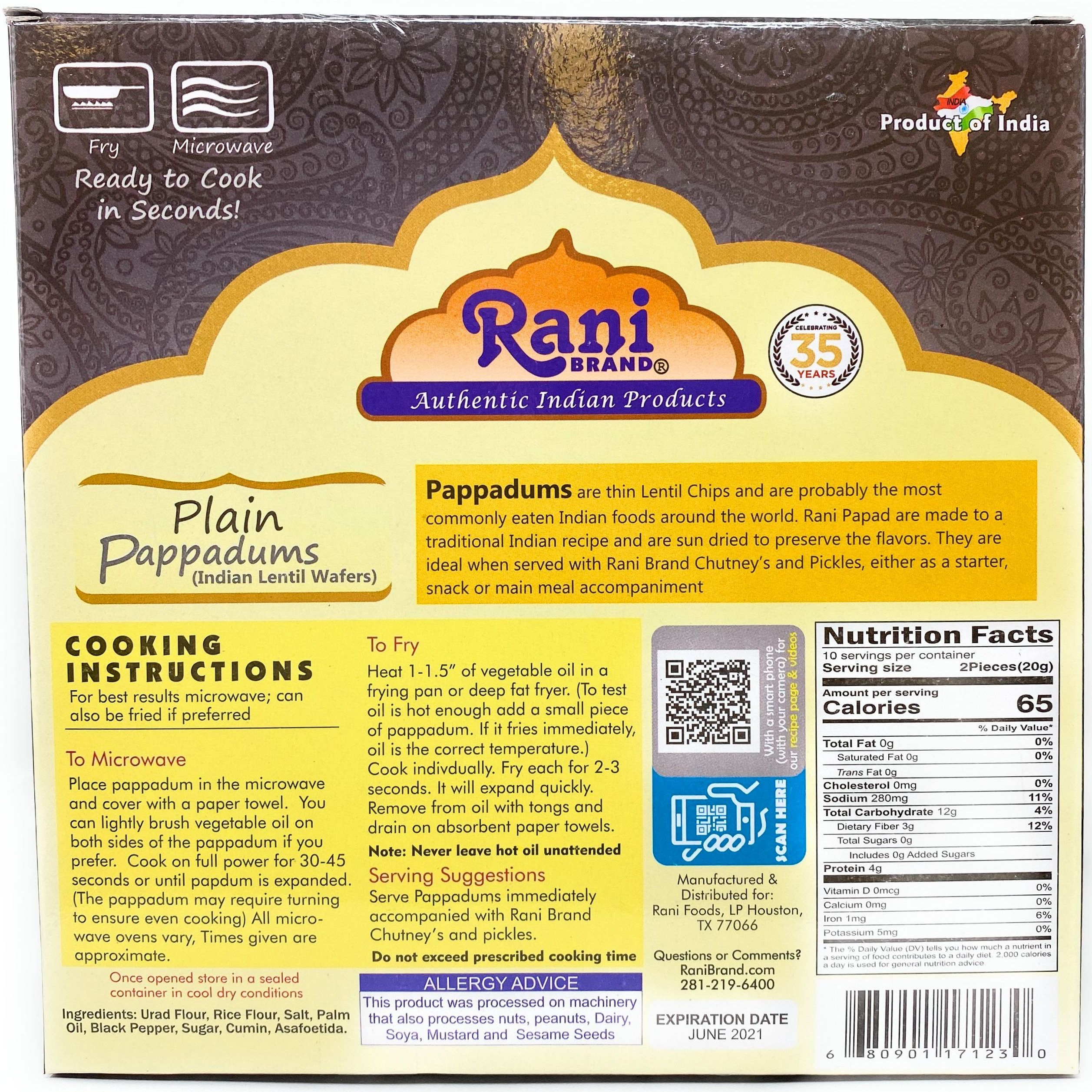 Rani Pappadums (Indian Lentil Wafer Snack) Plain 7 ounce (200g) Approximately 15pc, 7 inches ~ All Natural, Gluten Friendly | NON-GMO | Vegan | Indian Origin