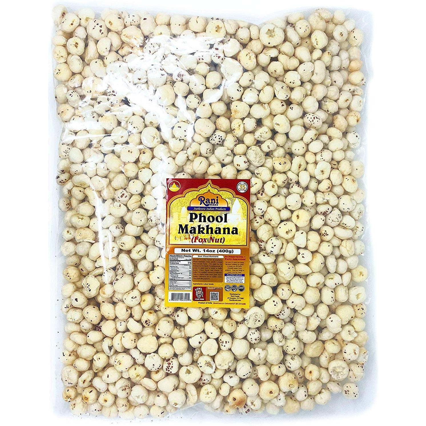 Rani Phool Makhana (Fox Nut / Popped Lotus Seed) 14oz (400g) ~ Plain Raw Uncooked | ~ All Natural | Vegan | No Colors | Gluten Friendly Ingredients | NON-GMO | Indian Origin