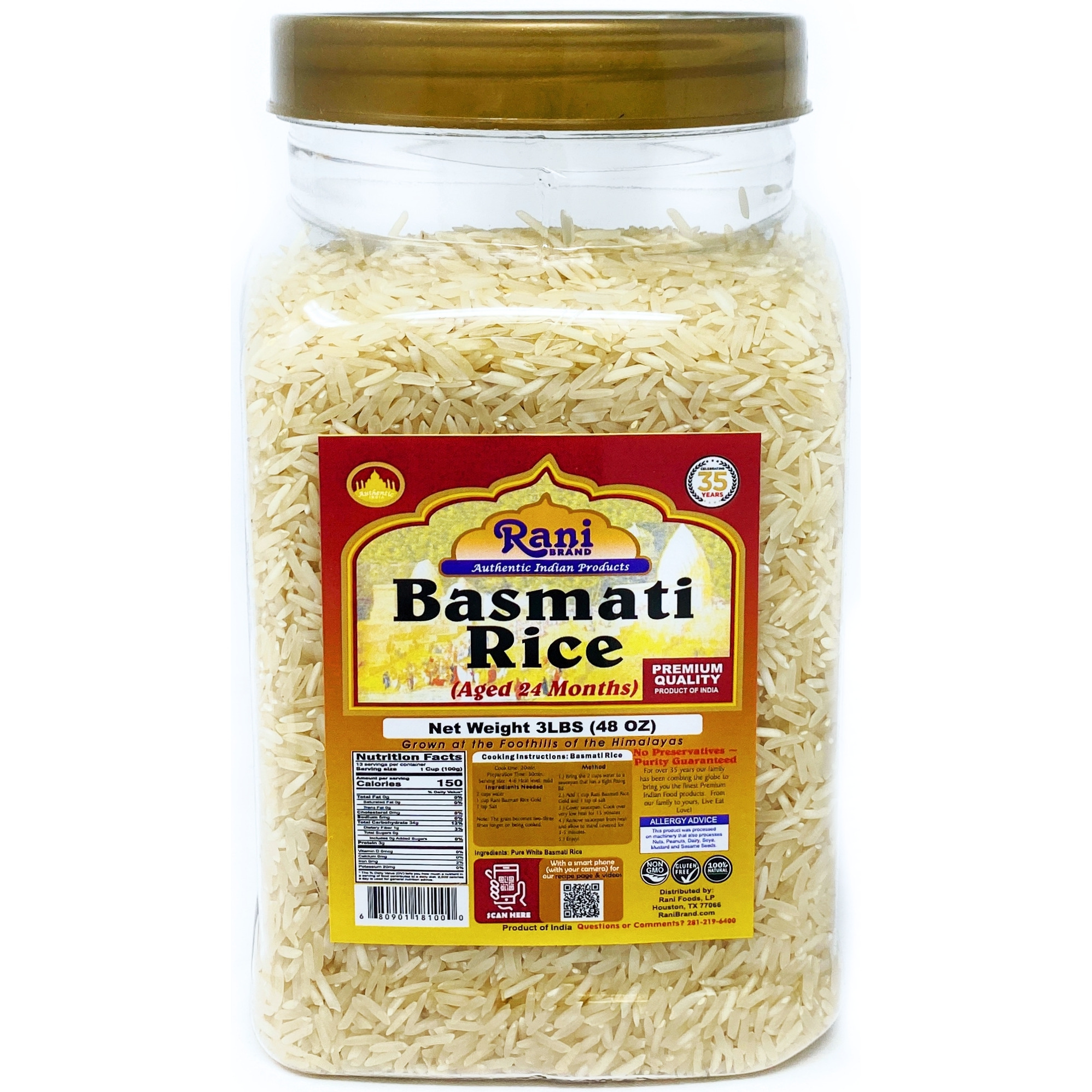 Rani Platinum White Basmati Rice Extra Long Aged, 3lbs (48oz) ~ PET Jar ~ All Natural | Vegan | Gluten Free Ingredients | Indian Origin