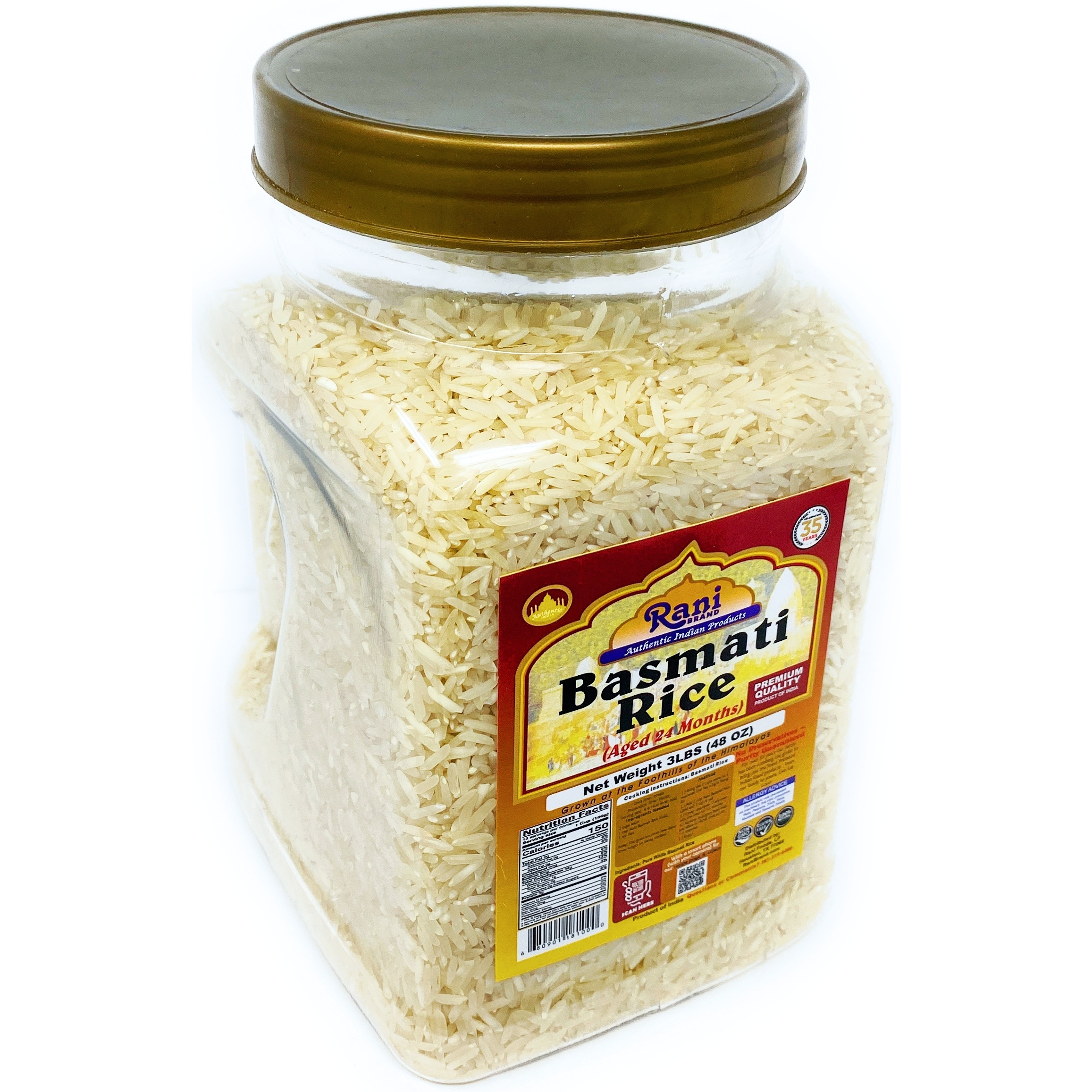 Rani Platinum White Basmati Rice Extra Long Aged, 3lbs (48oz) ~ PET Jar ~ All Natural | Vegan | Gluten Free Ingredients | Indian Origin