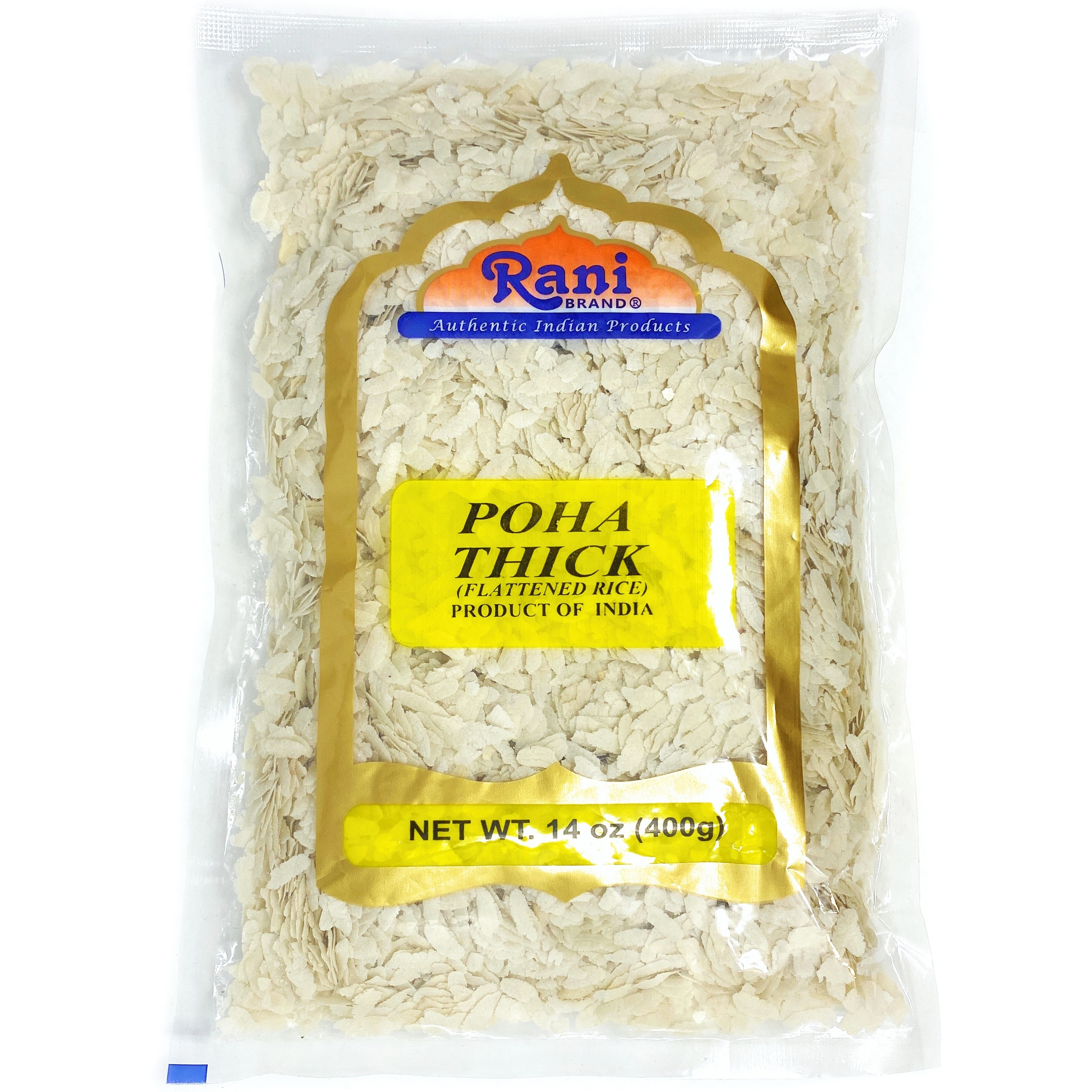 Rani Poha (Powa) Thick Medium-Cut (Flattened Rice) 14oz (400g) ~ All Natural, Salt-Free | Vegan | No Colors | Gluten Friendly | Indian Origin