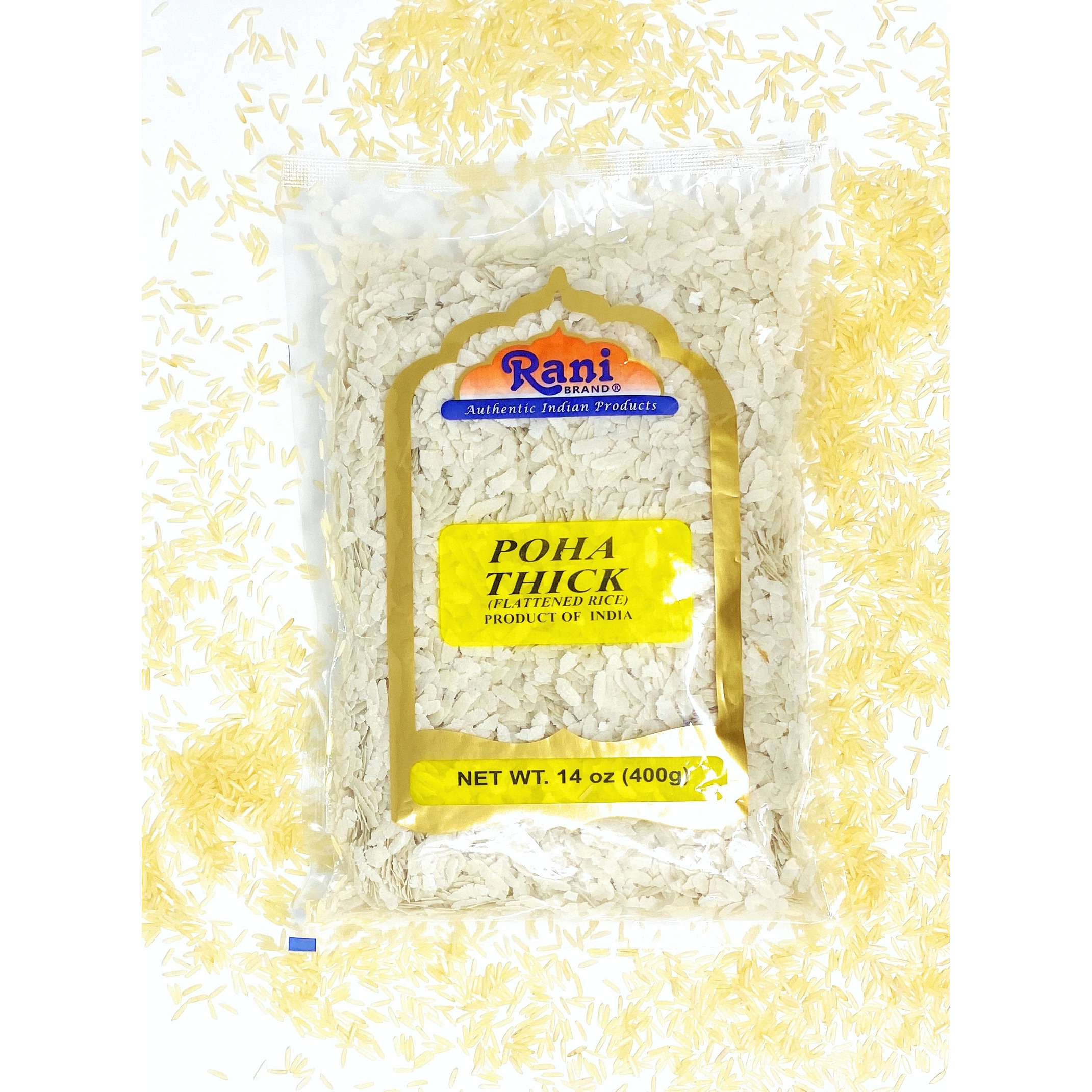 Rani Poha (Powa) Thick Medium-Cut (Flattened Rice) 14oz (400g) ~ All Natural, Salt-Free | Vegan | No Colors | Gluten Friendly | Indian Origin