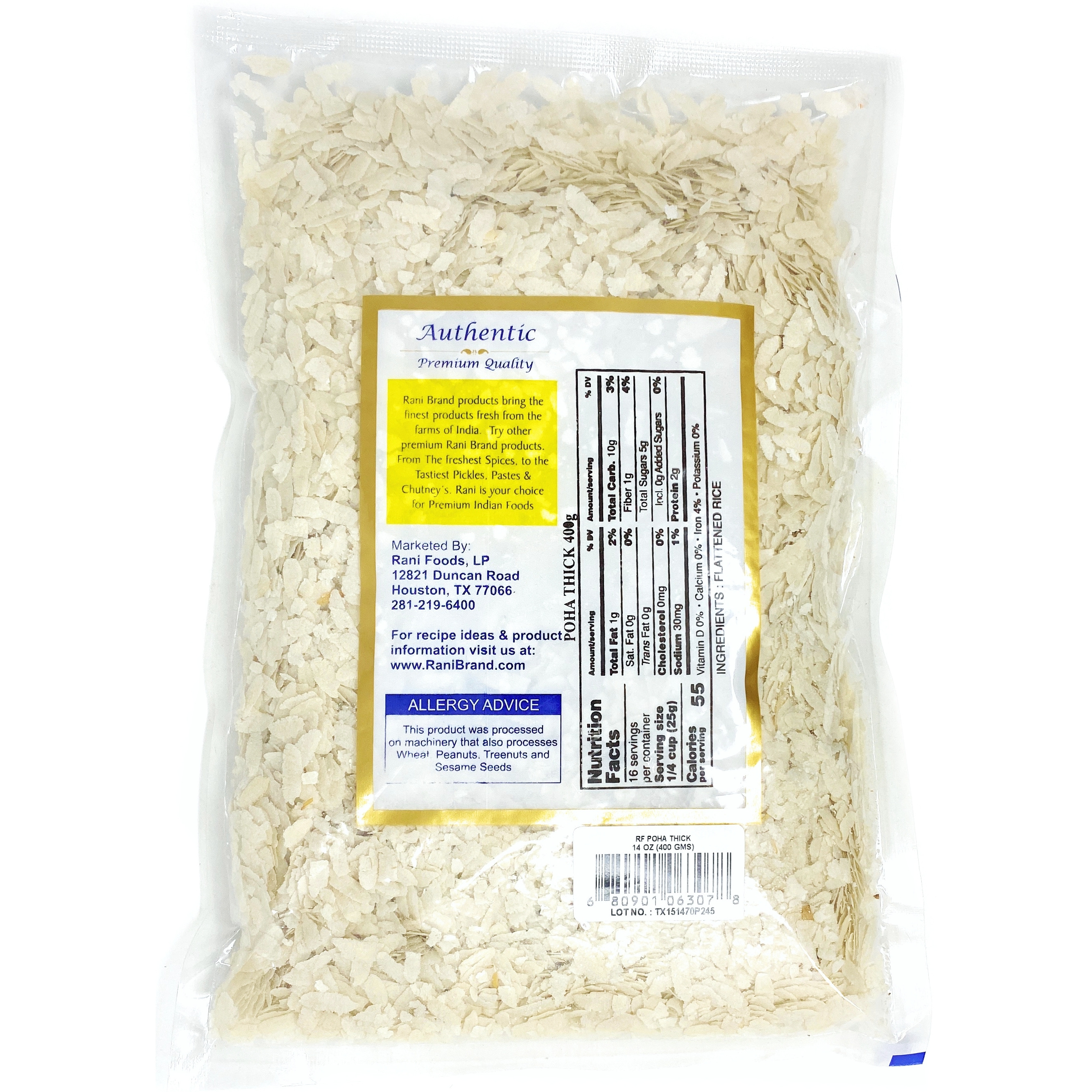 Rani Poha (Powa) Thick Medium-Cut (Flattened Rice) 14oz (400g) ~ All Natural, Salt-Free | Vegan | No Colors | Gluten Friendly | Indian Origin