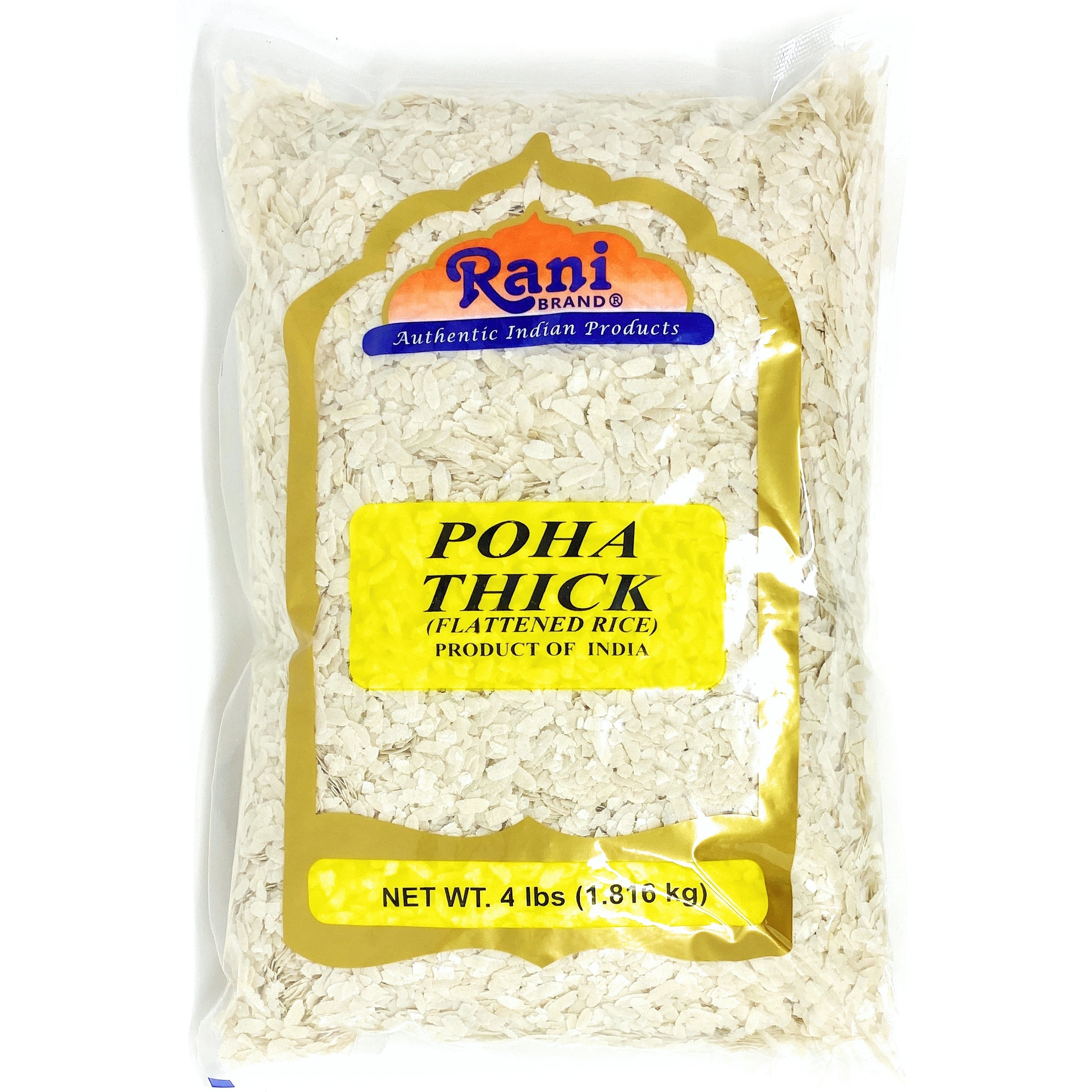 Rani Poha (Powa) Thick Medium-Cut (Flattened Rice) 4lbs (64oz) Bulk ~ All Natural, Salt-Free | Vegan | No Colors | Gluten Friendly | Indian Origin