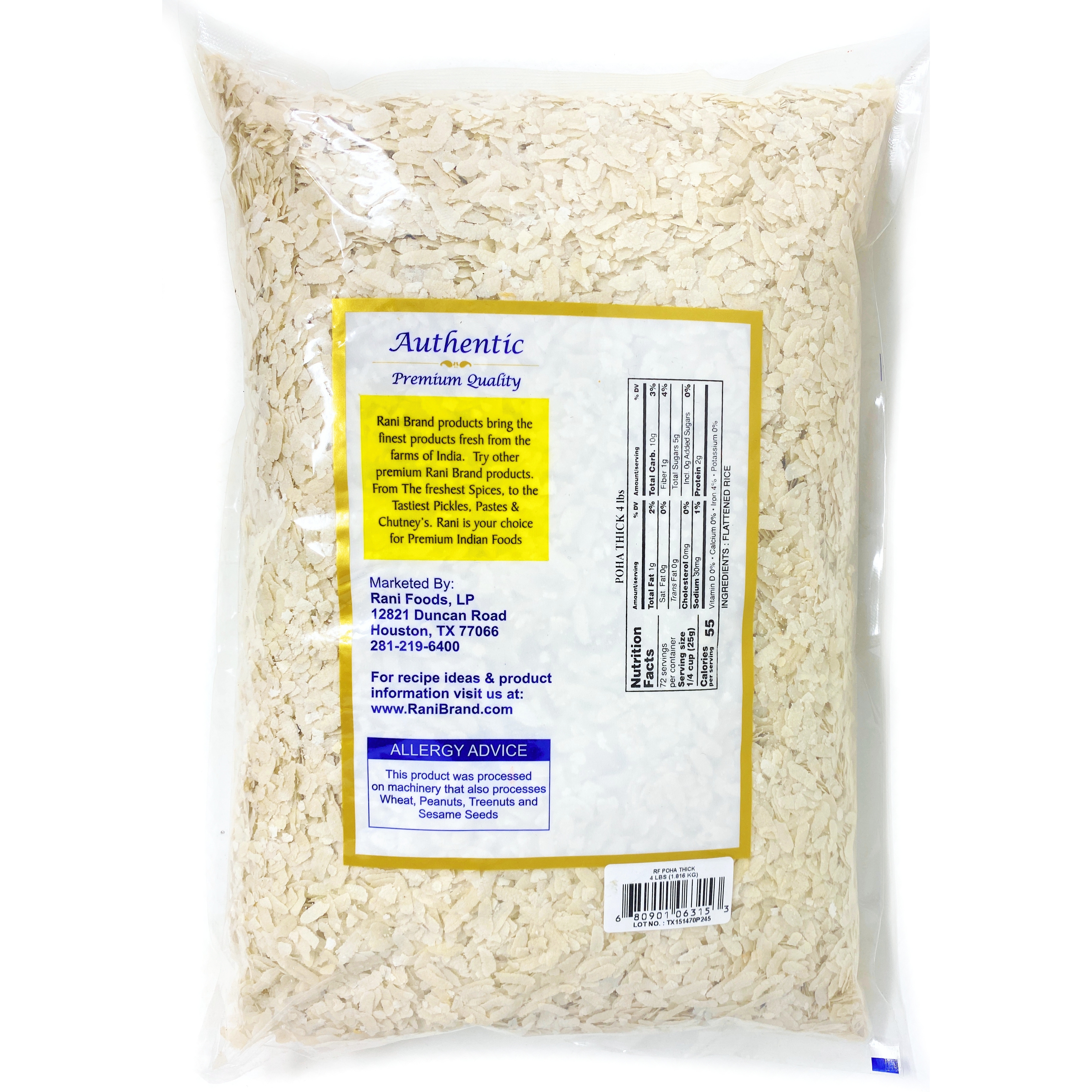 Rani Poha (Powa) Thick Medium-Cut (Flattened Rice) 4lbs (64oz) Bulk ~ All Natural, Salt-Free | Vegan | No Colors | Gluten Friendly | Indian Origin