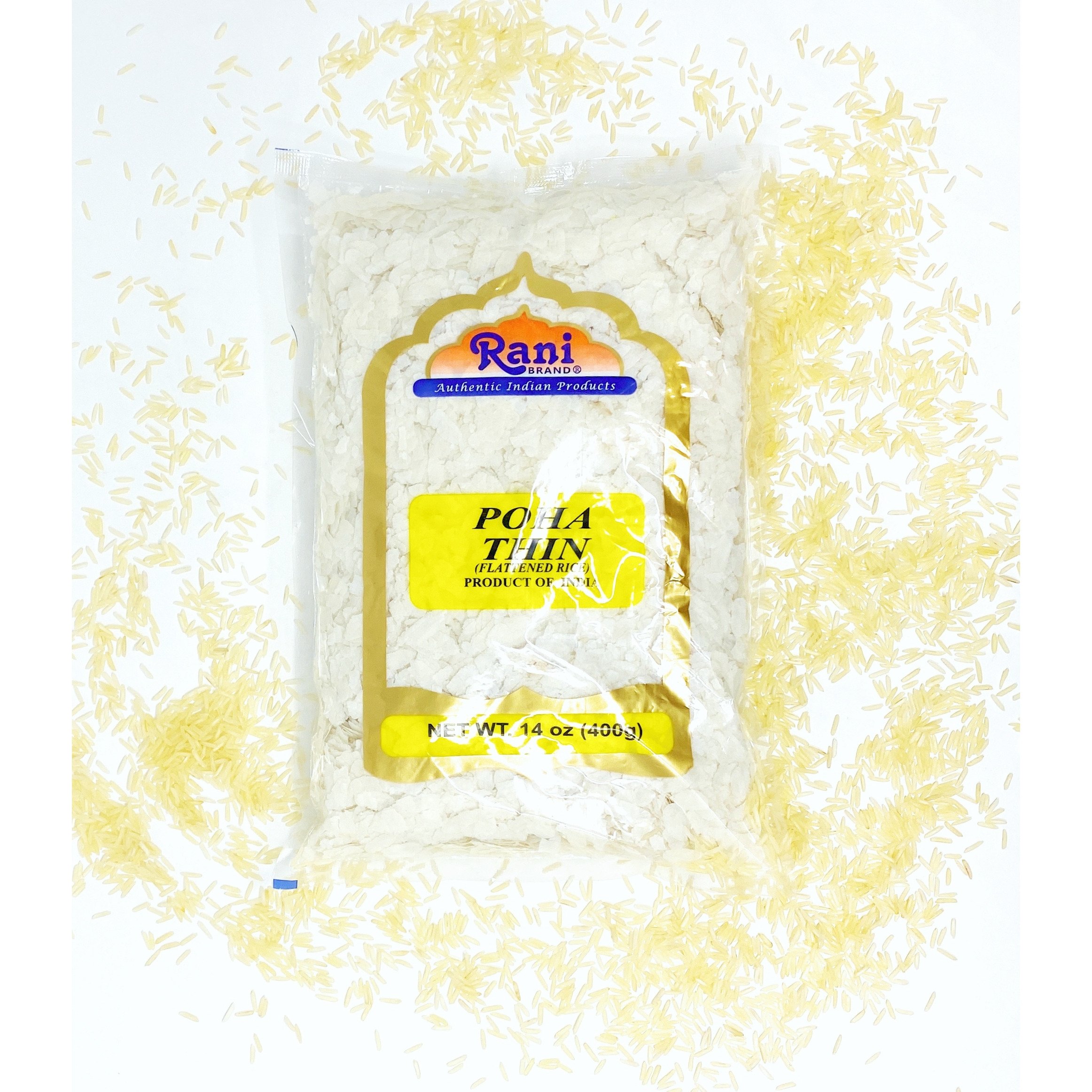 Rani Poha (Powa) Thin Cut (Flattened Rice) 14oz (400g) ~ All Natural, Salt-Free | Vegan | No Colors | Gluten Friendly | Indian Origin