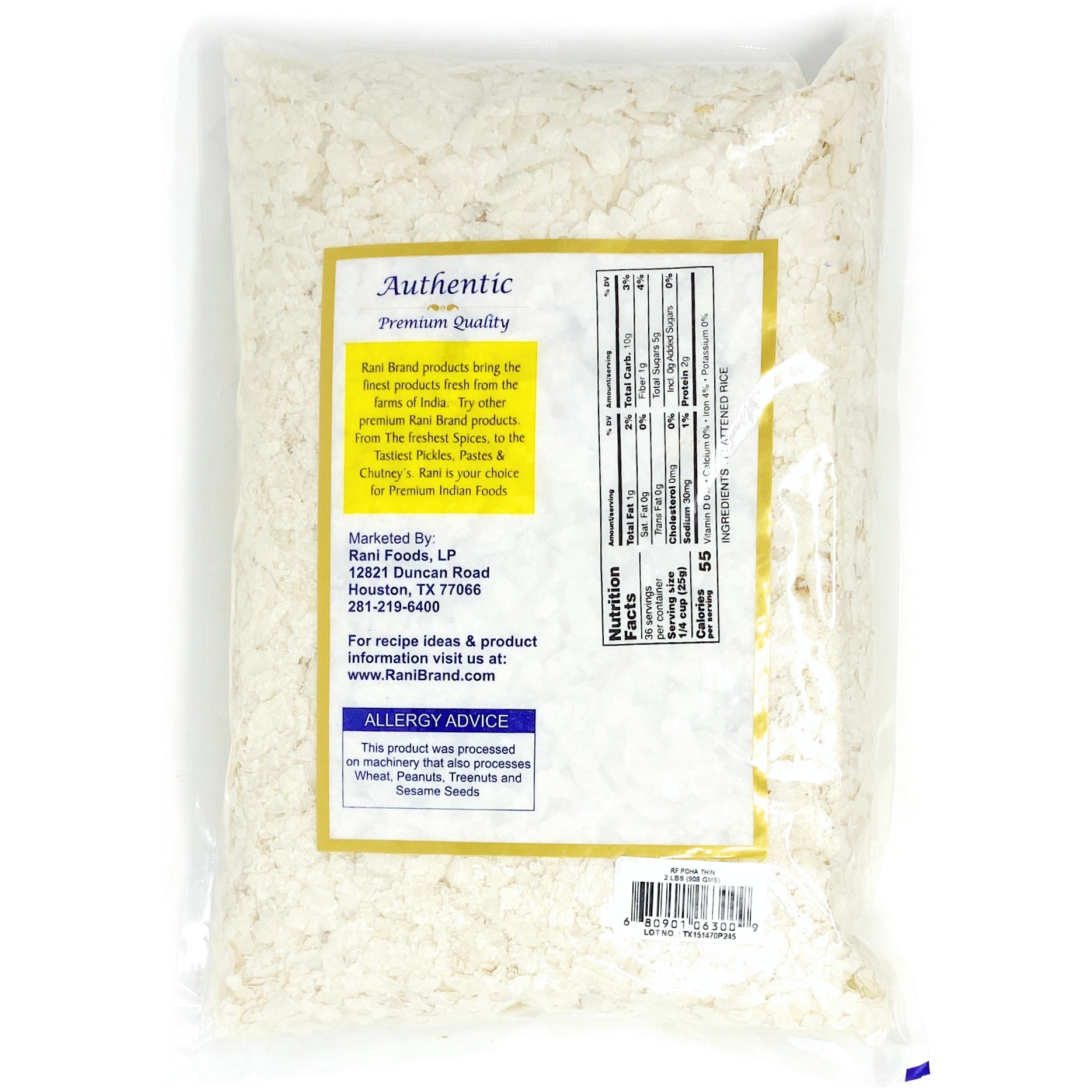 Rani Poha (Powa) Thin Cut (Flattened Rice) 2lbs (32oz) Bulk ~ All Natural, Salt-Free | Vegan | No Colors | Gluten Friendly | Indian Origin