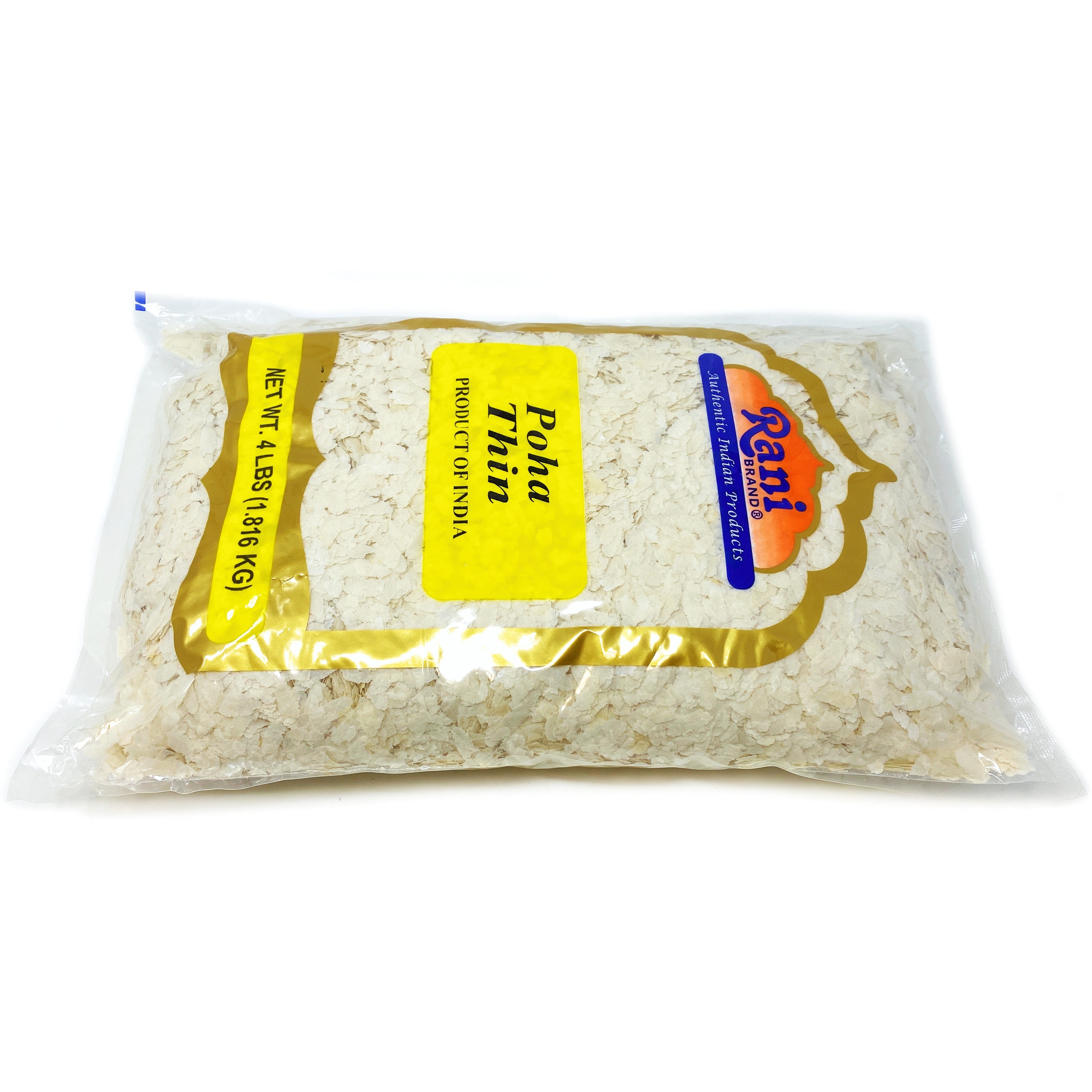 Rani Poha (Powa) Thin Cut (Flattened Rice) 4lbs (64oz) Bulk ~ All Natural, Salt-Free | Vegan | No Colors | Gluten Friendly | Indian Origin