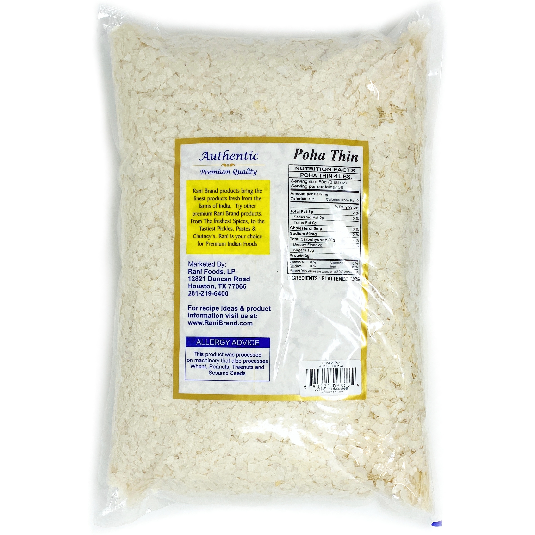 Rani Poha (Powa) Thin Cut (Flattened Rice) 4lbs (64oz) Bulk ~ All Natural, Salt-Free | Vegan | No Colors | Gluten Friendly | Indian Origin