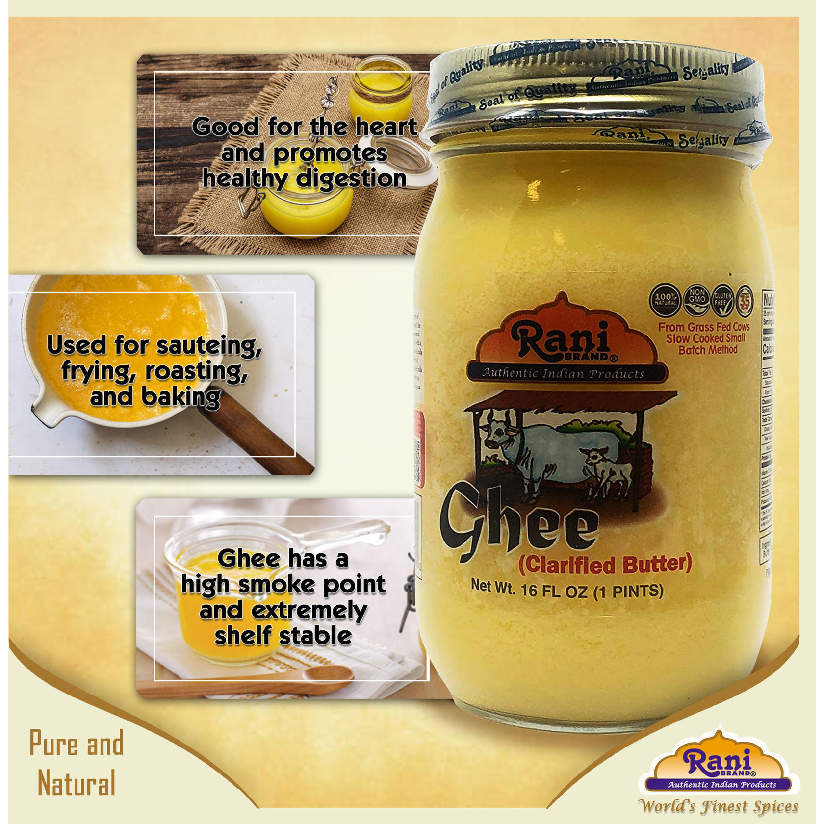 Rani Pure Natural Ghee from Grass Fed Cows (Clarified Butter) 1lb (16oz) ~ Glass Jar | Paleo Friendly | Keto Friendly | Gluten Free