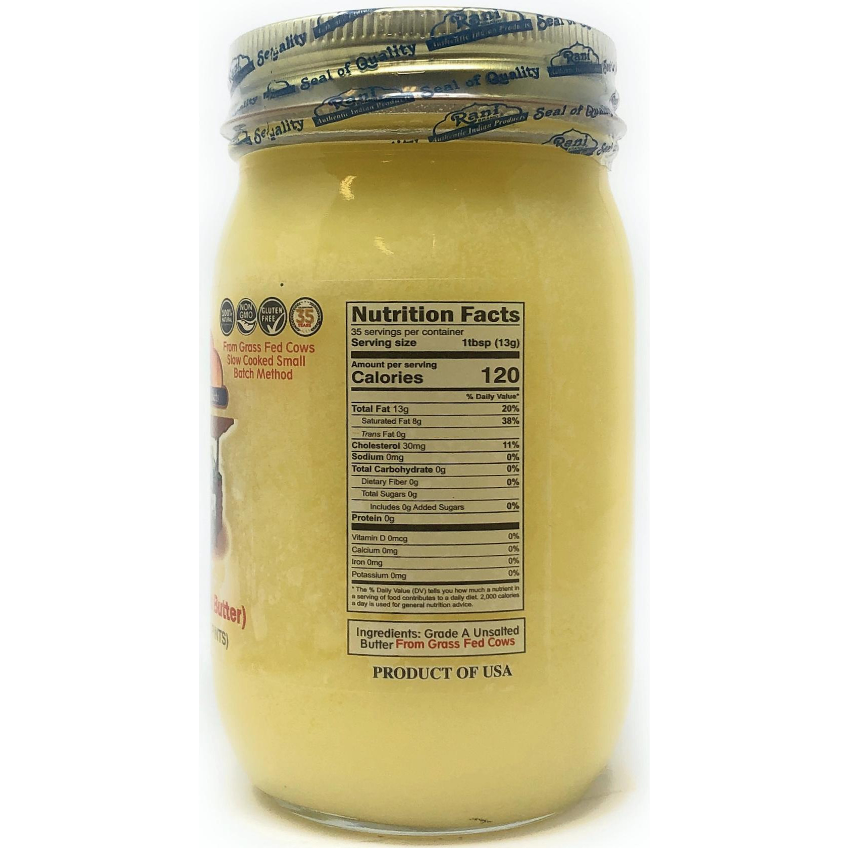 Rani Pure Natural Ghee from Grass Fed Cows (Clarified Butter) 1lb (16oz) ~ Glass Jar | Paleo Friendly | Keto Friendly | Gluten Free