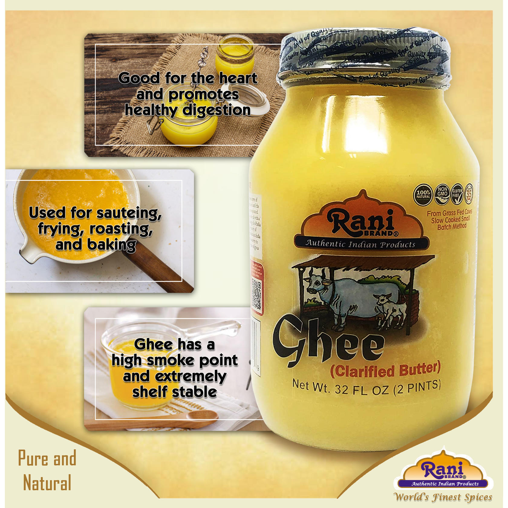 Rani Pure Natural Ghee from Grass Fed Cows (Clarified Butter) 2lb (32oz) ~ Glass Jar | Paleo Friendly | Keto Friendly | Gluten Free