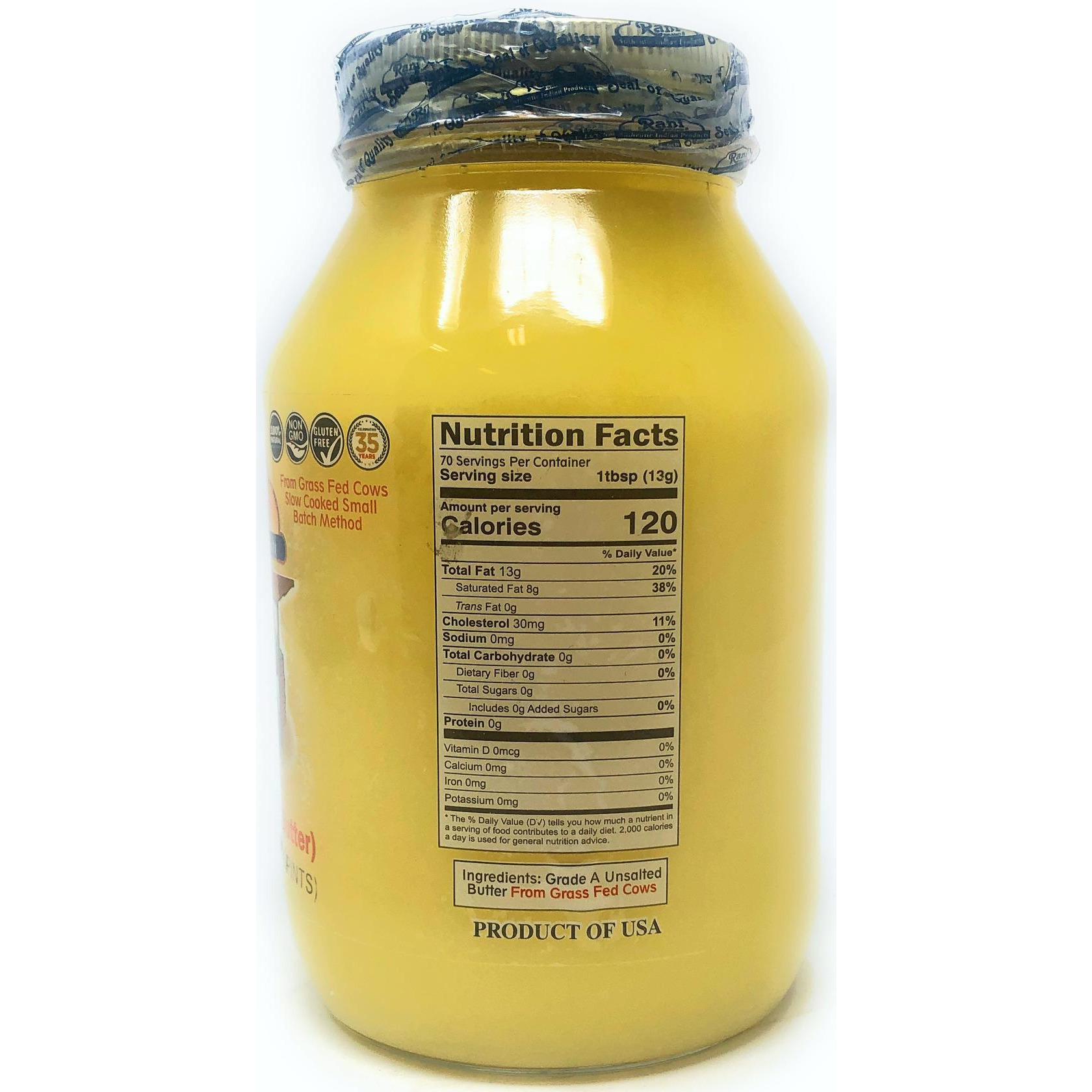 Rani Pure Natural Ghee from Grass Fed Cows (Clarified Butter) 2lb (32oz) ~ Glass Jar | Paleo Friendly | Keto Friendly | Gluten Free